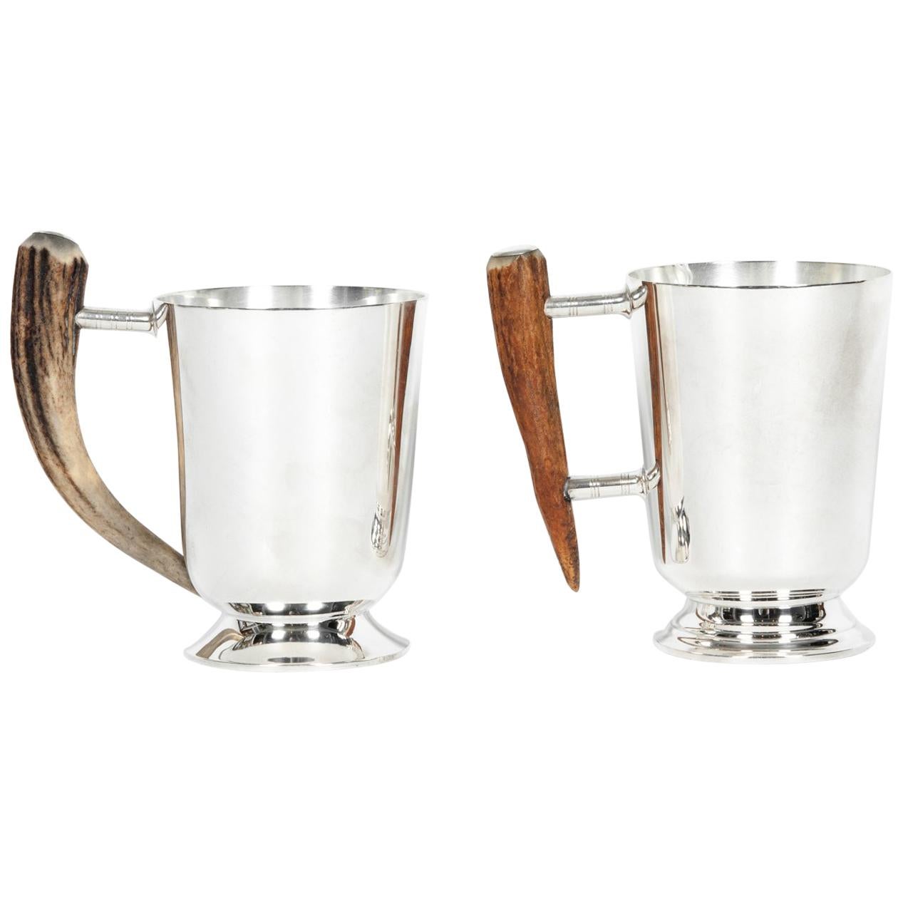 Vintage Pair of Silver Plate Mug with Horn Handle