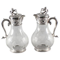Vintage Pair of Silver Plated Claret Jug Glass Decanters, 20th Century
