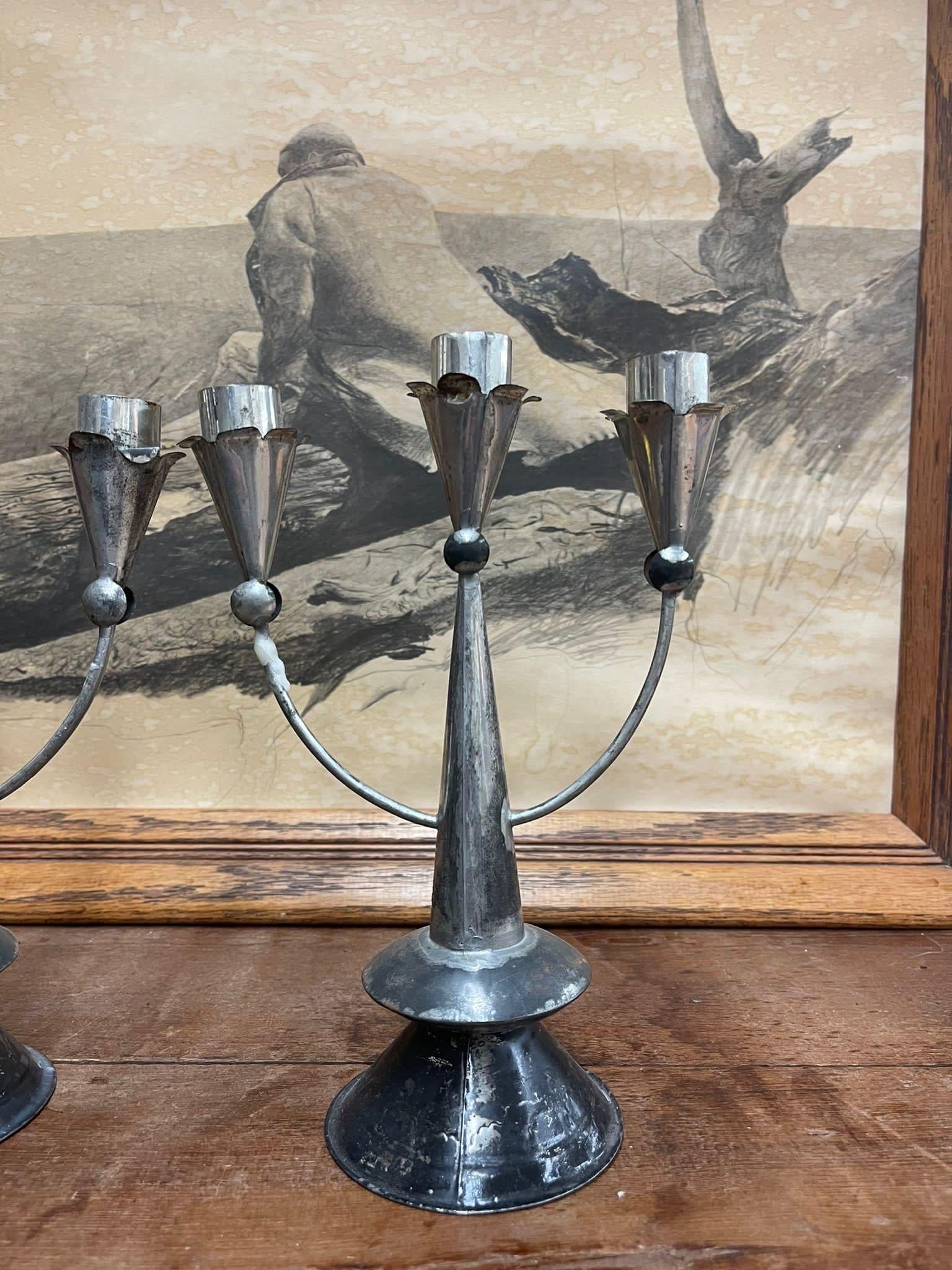 Pair of 3 Arm Candelabras. Beautiful Petina and Aging. Weighted in the Base. Vintage Condition Consistent with Age as Pictured. 

Dimensions. 7 W ; 4 D ; 9 H