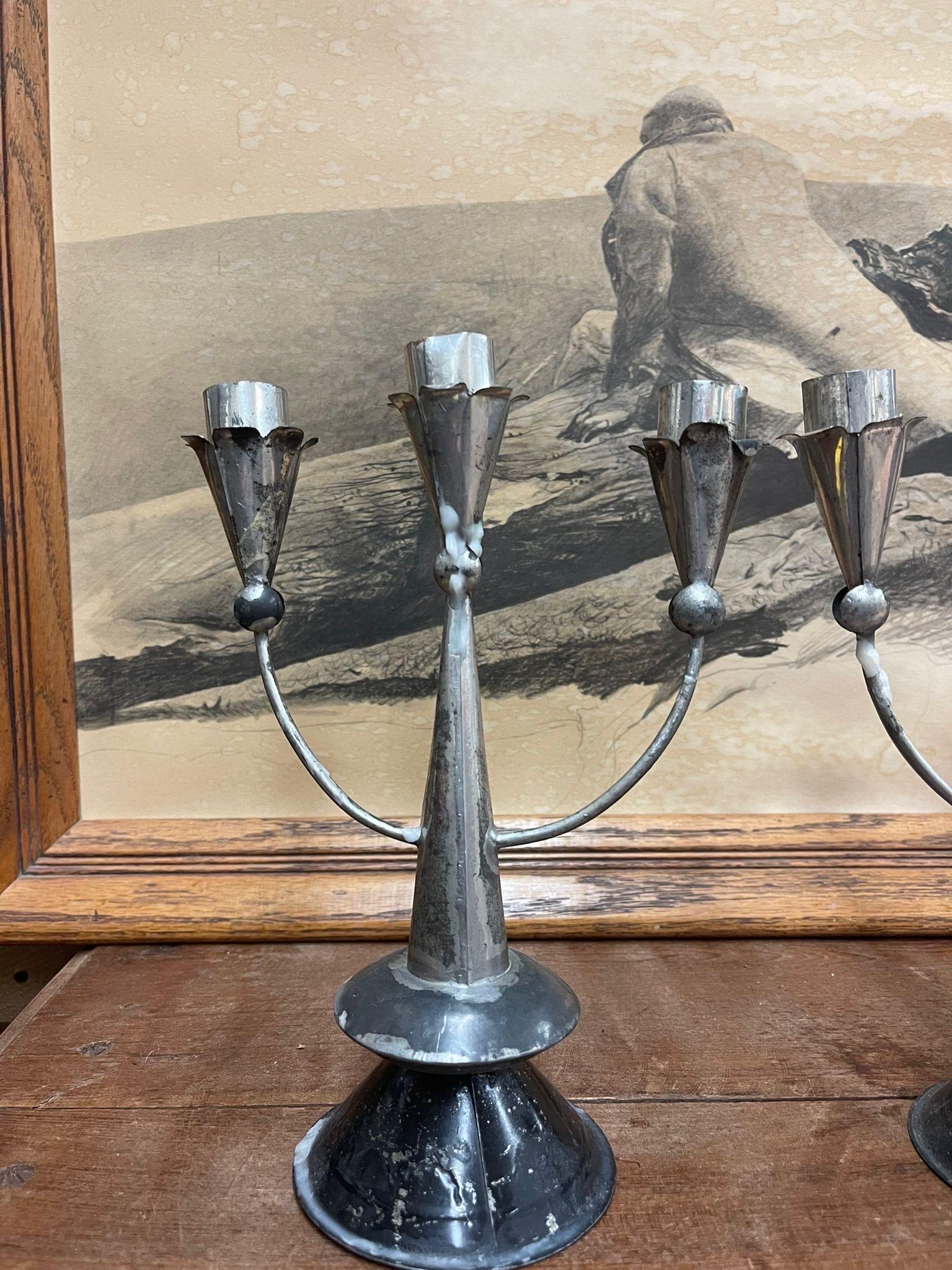 Mid-Century Modern Vintage Pair of Silver Toned Primitive Style Candelabras. For Sale