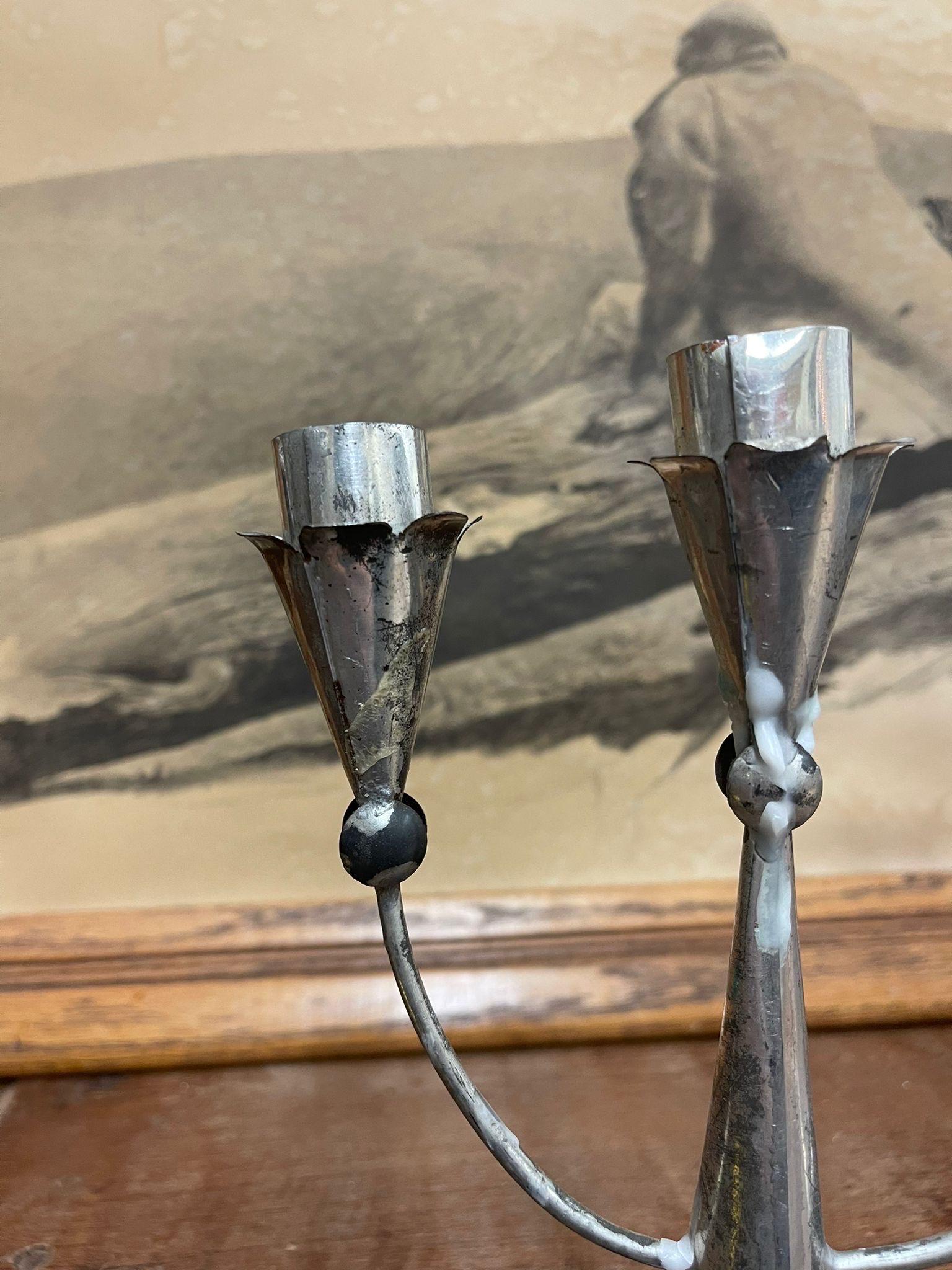 Vintage Pair of Silver Toned Primitive Style Candelabras. In Good Condition For Sale In Seattle, WA