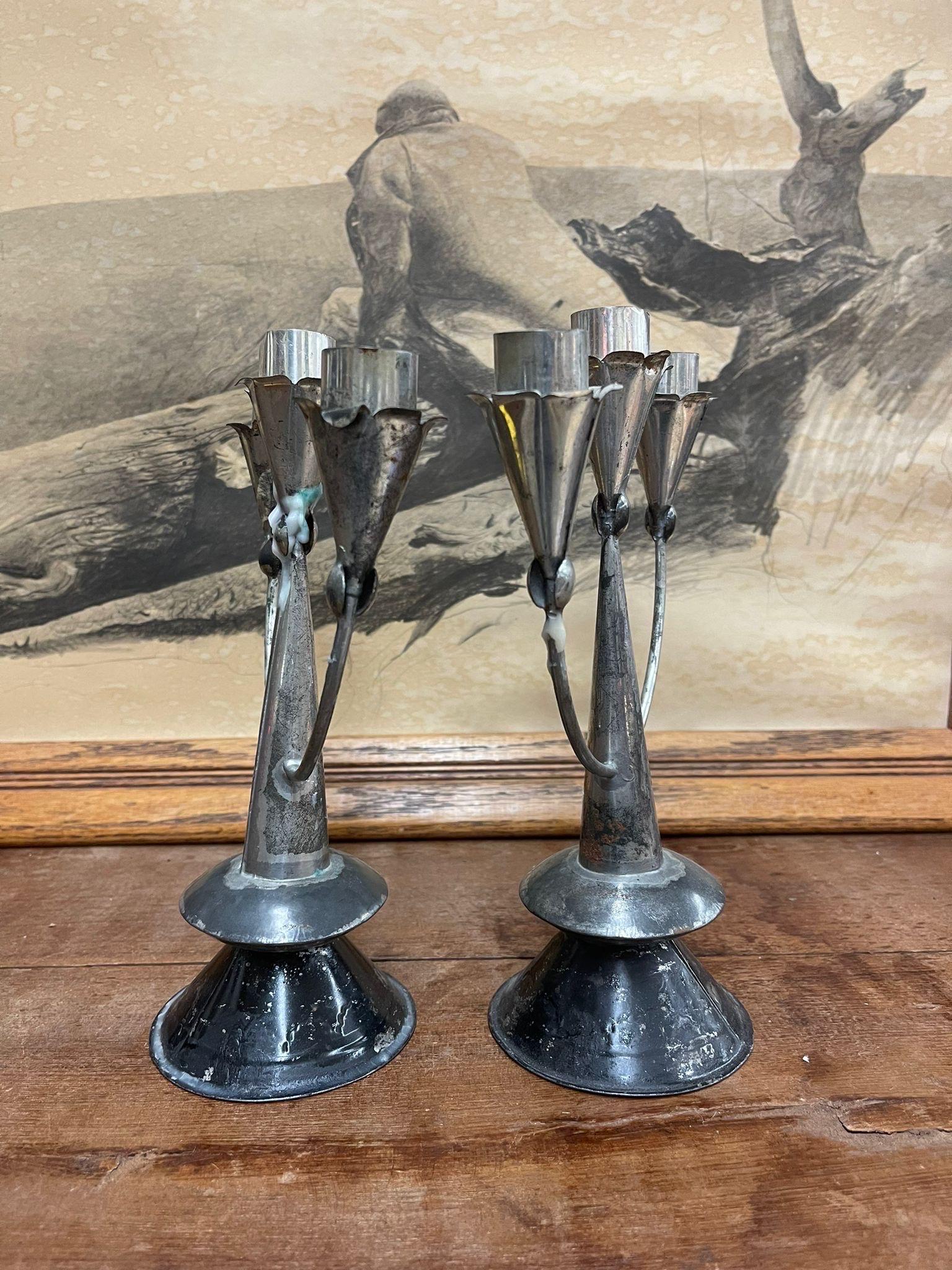 Late 20th Century Vintage Pair of Silver Toned Primitive Style Candelabras. For Sale