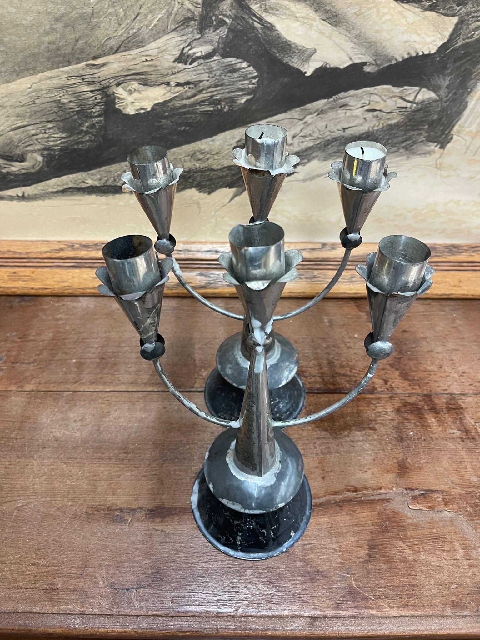Vintage Pair of Silver Toned Primitive Style Candelabras. For Sale 1