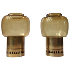 Retro Pair of Smoke Glass & Brass Candleholders by Hans-Agne Jakobsson, 1960s