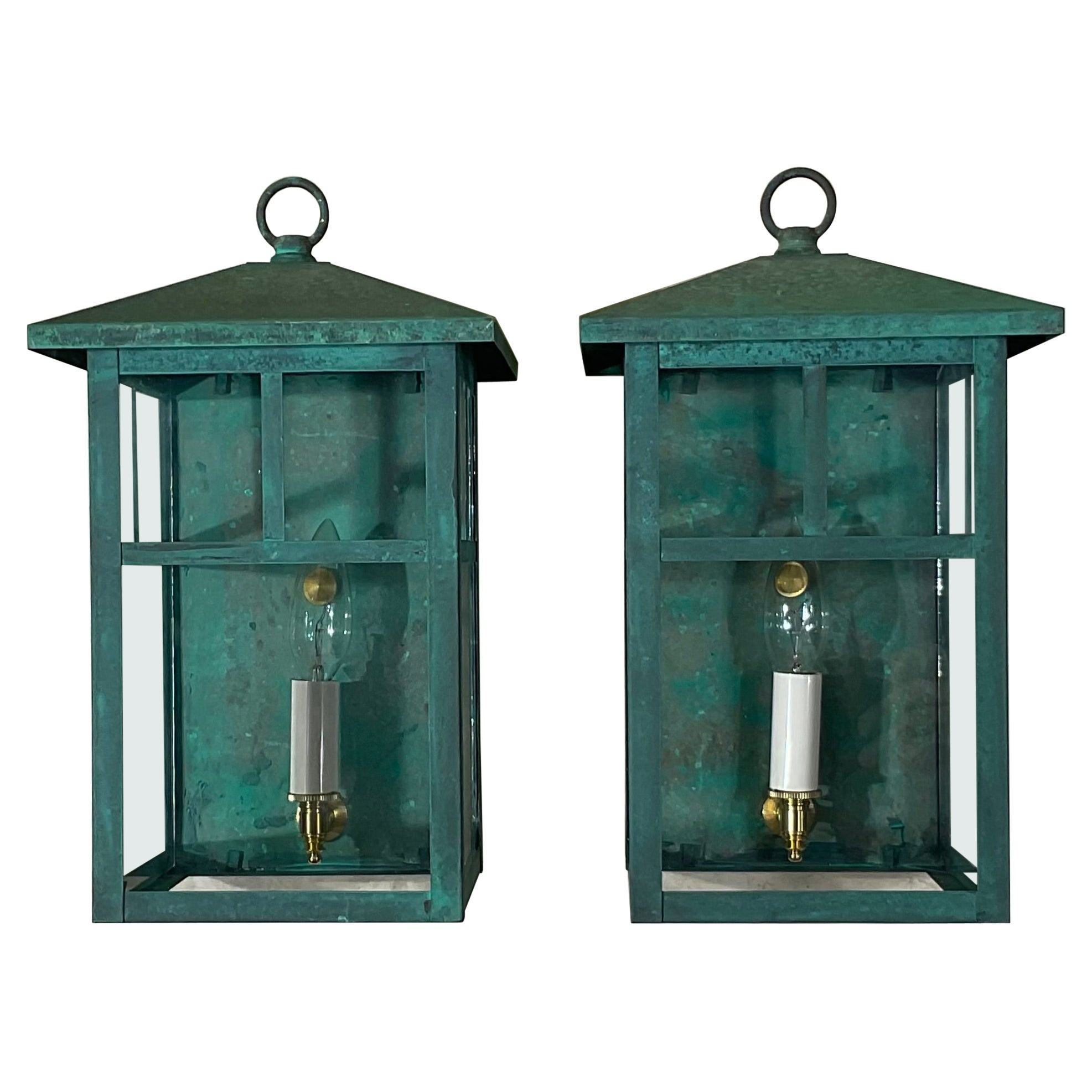 Vintage Pair of Solid Brass Outdoor Wall Lanterns – 13”H x 7”.5W x 7”.5D