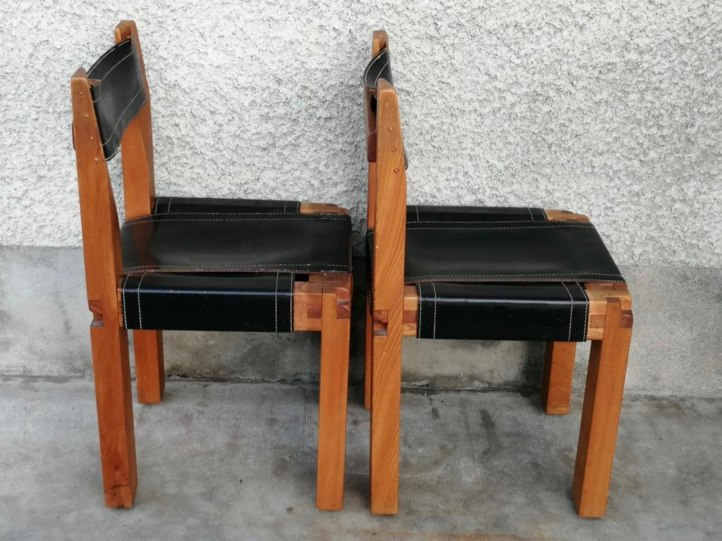 Vintage Pair of Solid Elm & Black Leather S11 Chairs by Pierre Chapo, Ca. 1960 For Sale 5