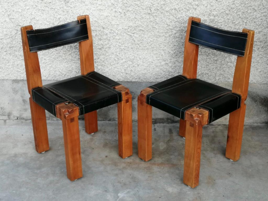 Vintage Pair of Solid Elm & Black Leather S11 Chairs by Pierre Chapo, Ca. 1960 For Sale 6