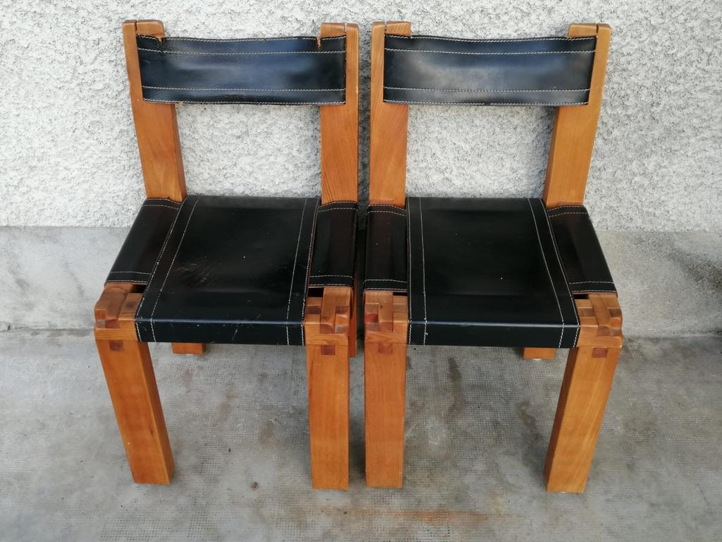 French Vintage Pair of Solid Elm & Black Leather S11 Chairs by Pierre Chapo, Ca. 1960 For Sale