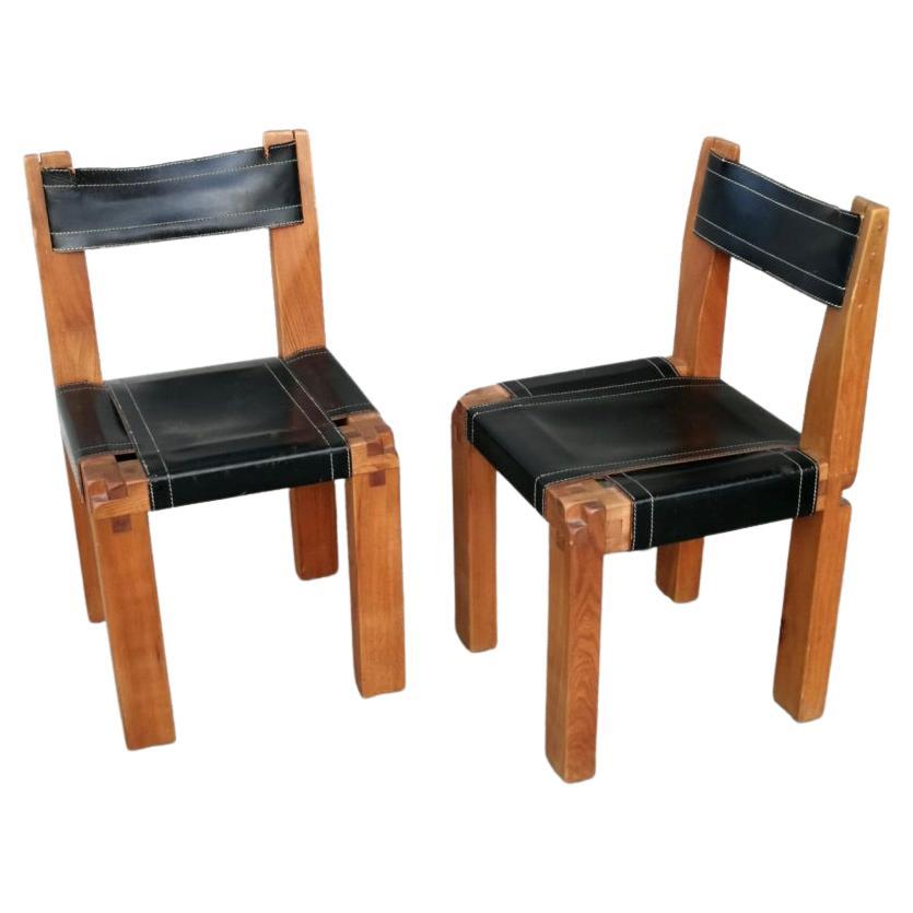 Vintage Pair of Solid Elm & Black Leather S11 Chairs by Pierre Chapo, Ca. 1960 For Sale