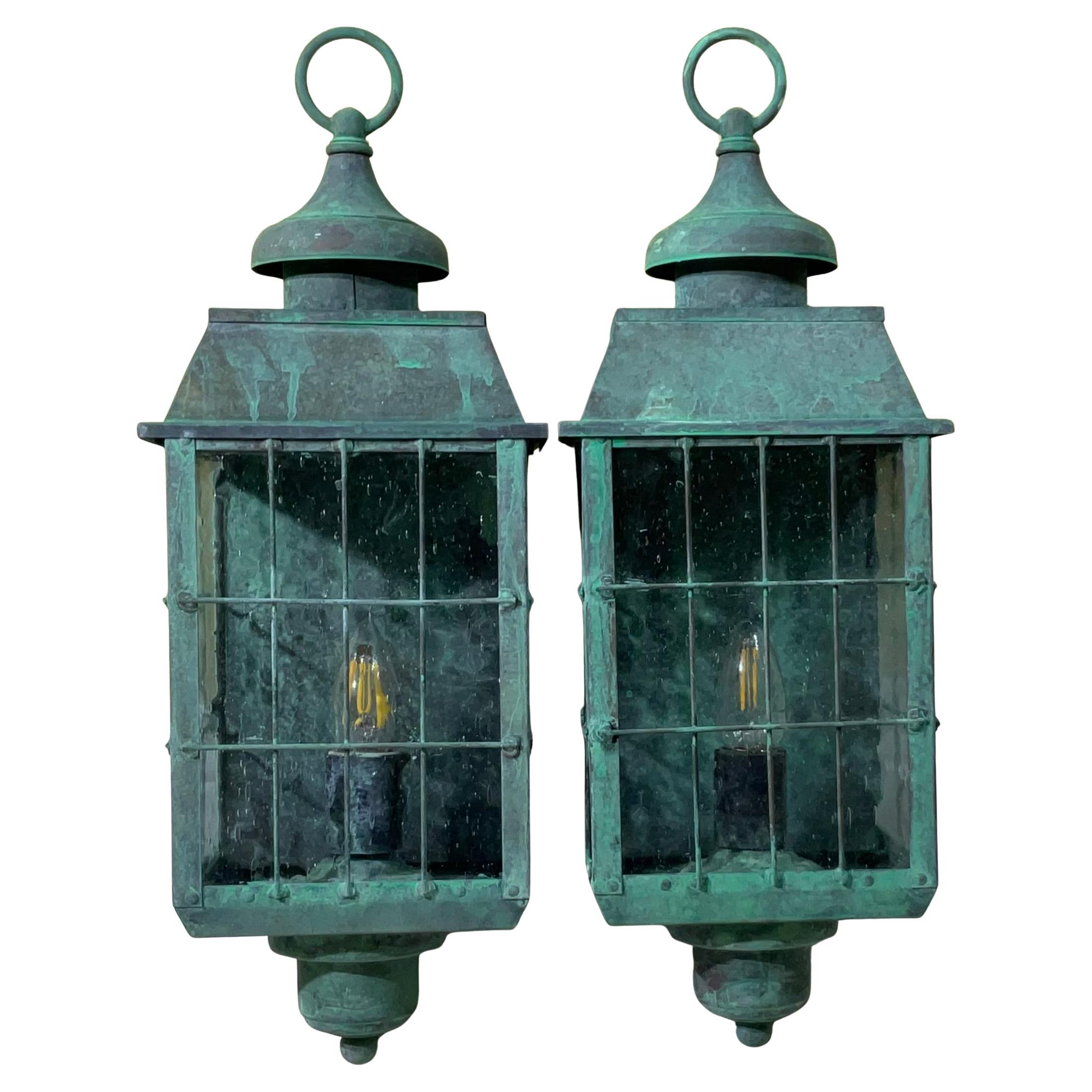 Vintage Pair of Solid Patinated Brass Wall Lanterns