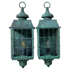 Vintage Pair of Solid Patinated Brass Wall Lanterns