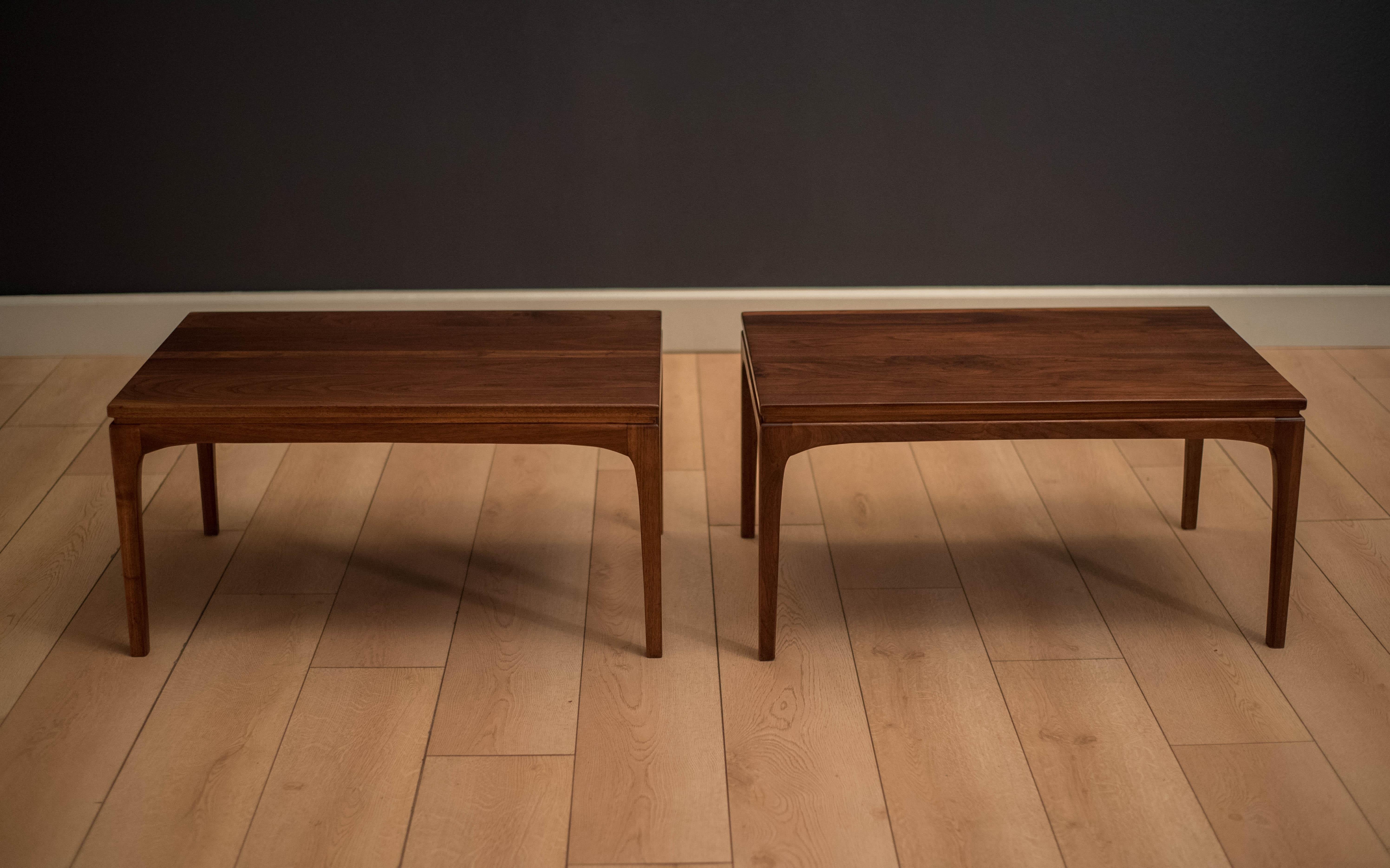 Mid-Century Modern pair of side tables by ACE-HI of California. This set features a solid planked walnut rectangular top with tapered legs. Matching coffee table also available in separate listing.