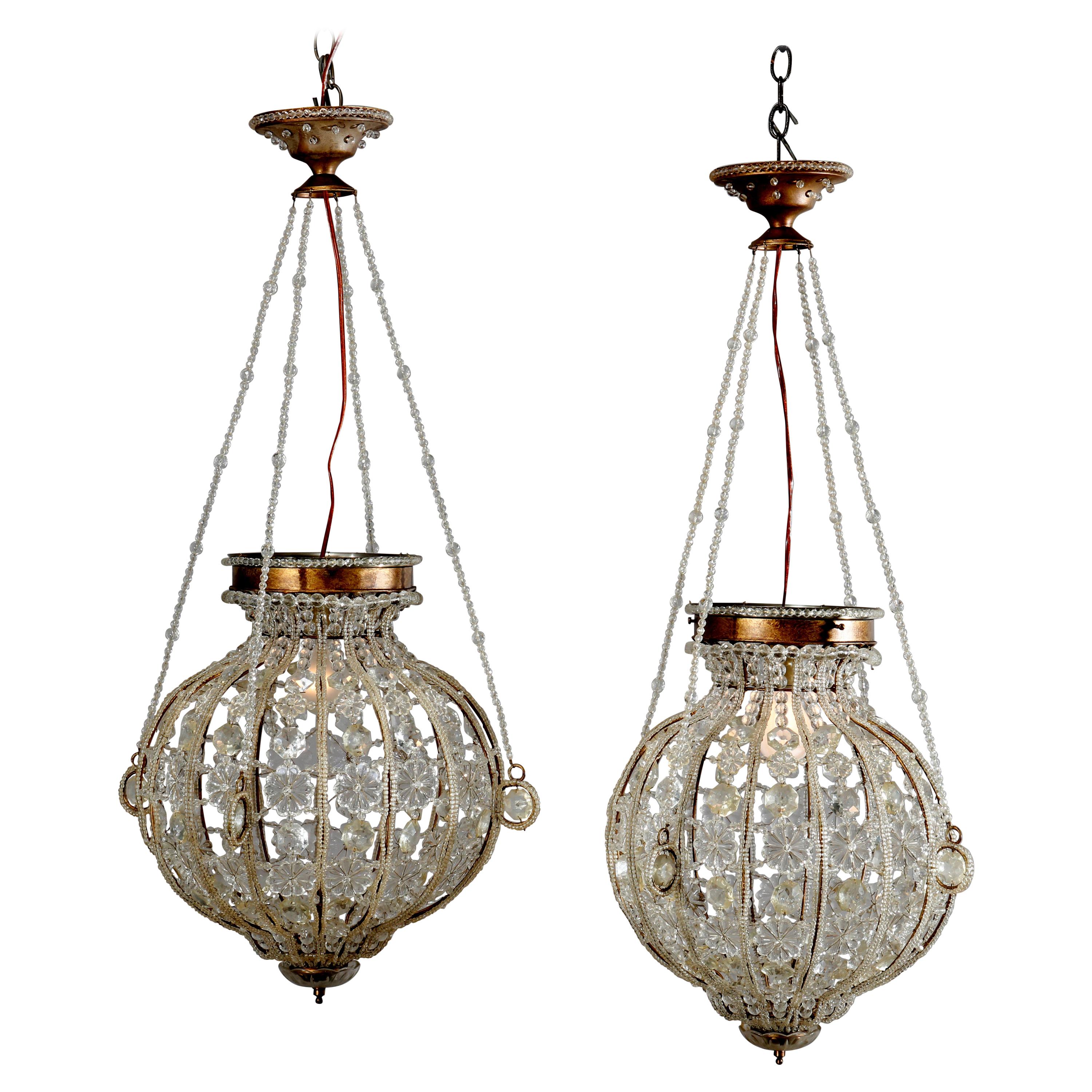Vintage Pair of Spherical Brass and Cut Crystal Chandeliers, 20th Century