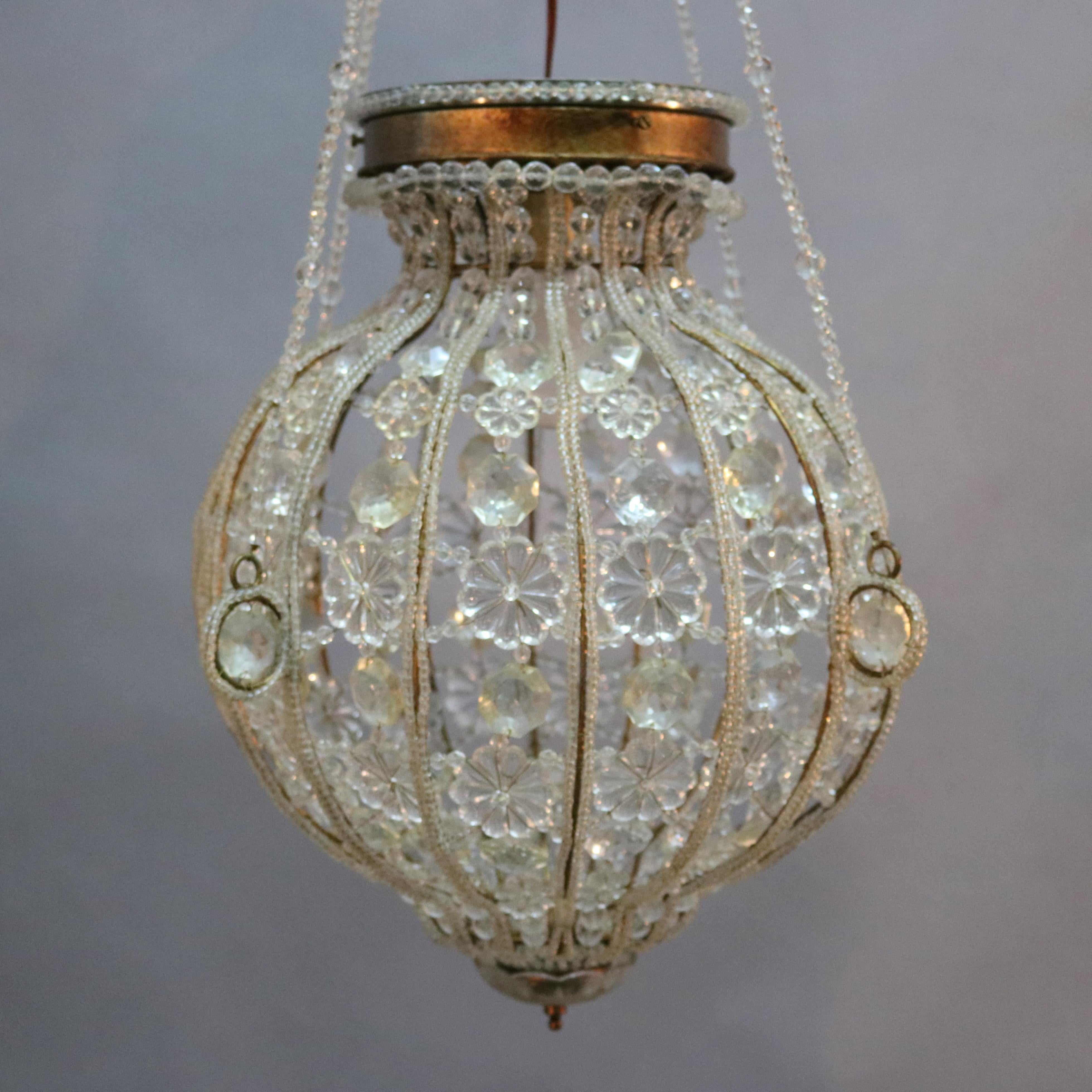French Vintage Pair of Spherical Brass and Cut Crystal Chandeliers, 20th Century
