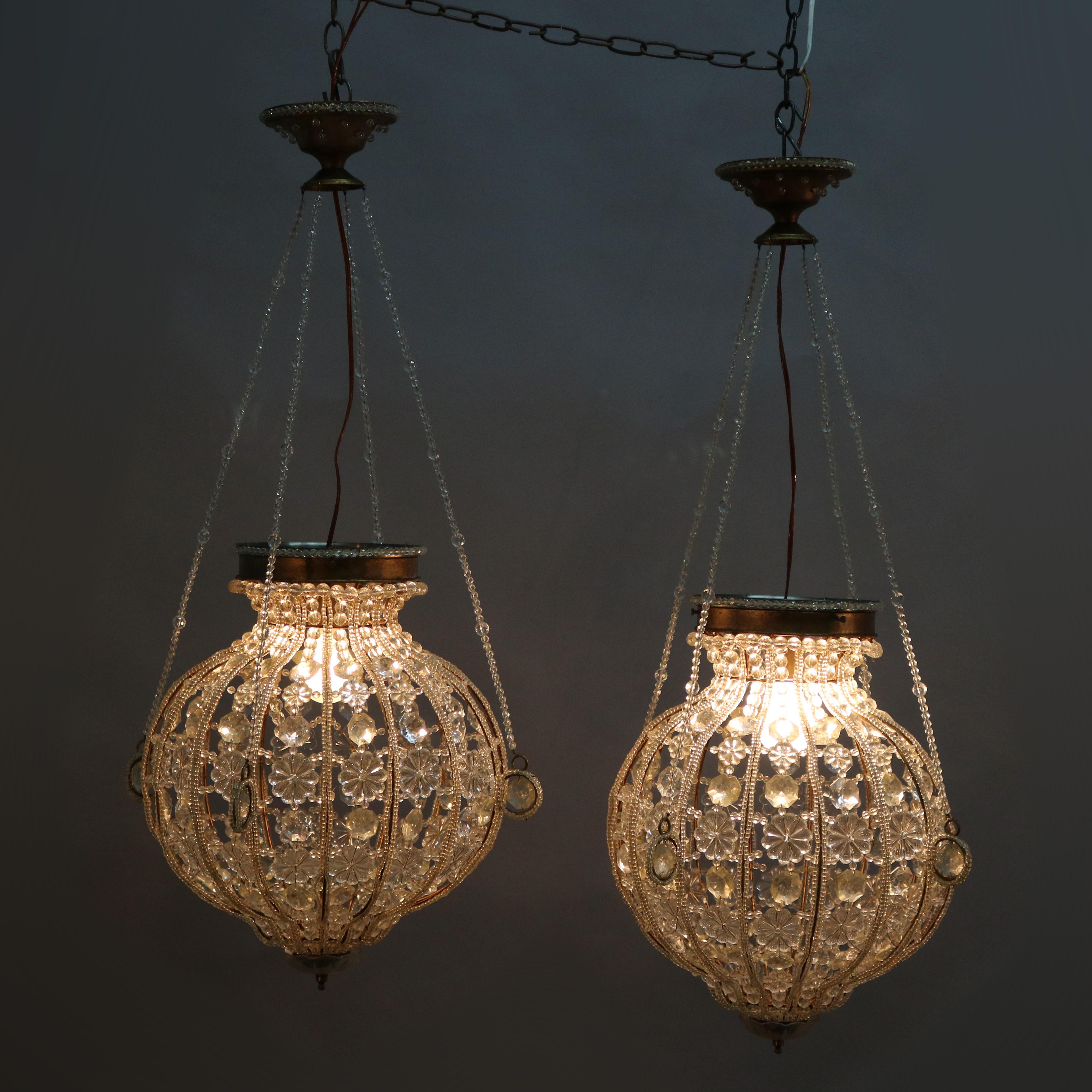 Cast Vintage Pair of Spherical Brass and Cut Crystal Chandeliers, 20th Century