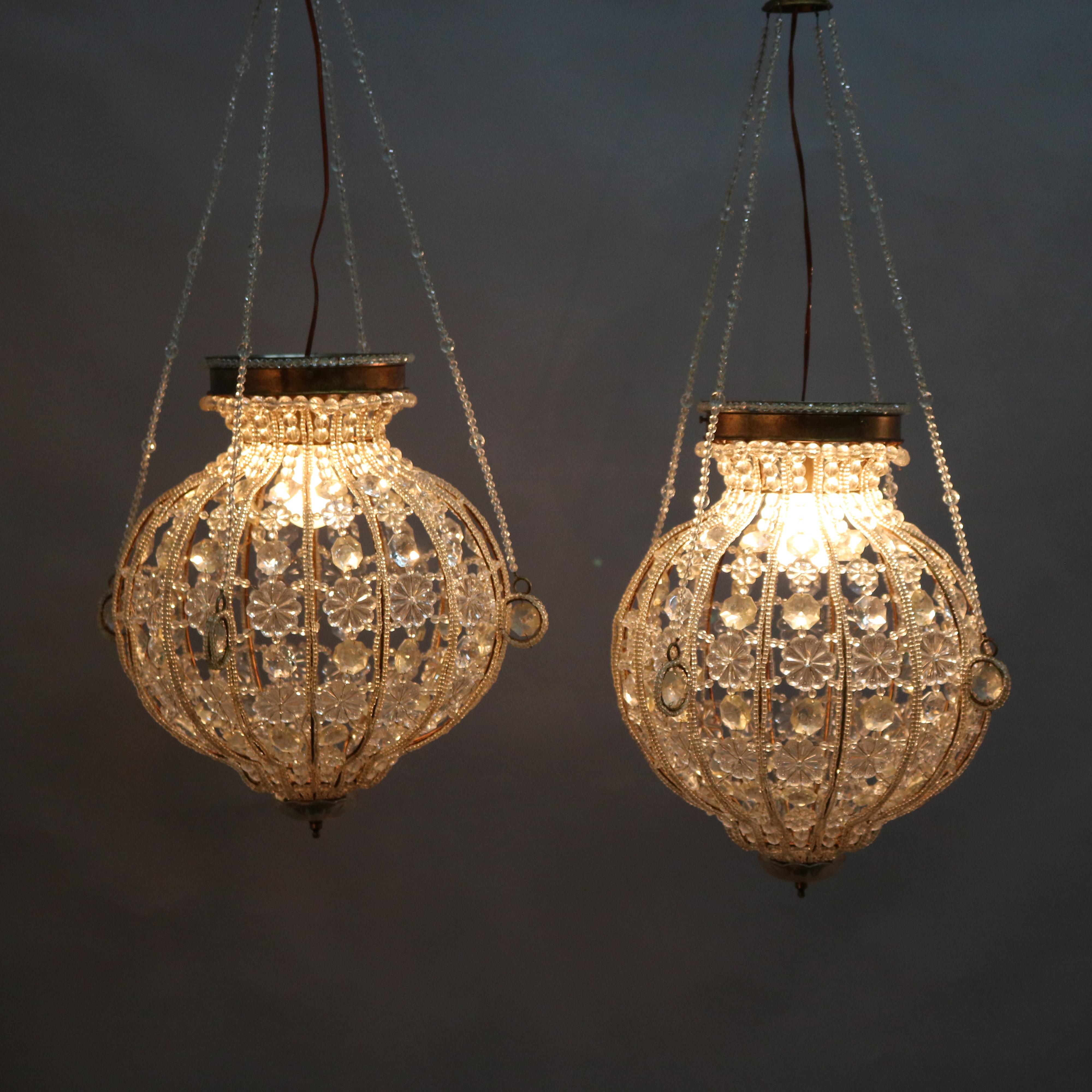 Vintage Pair of Spherical Brass and Cut Crystal Chandeliers, 20th Century In Good Condition In Big Flats, NY