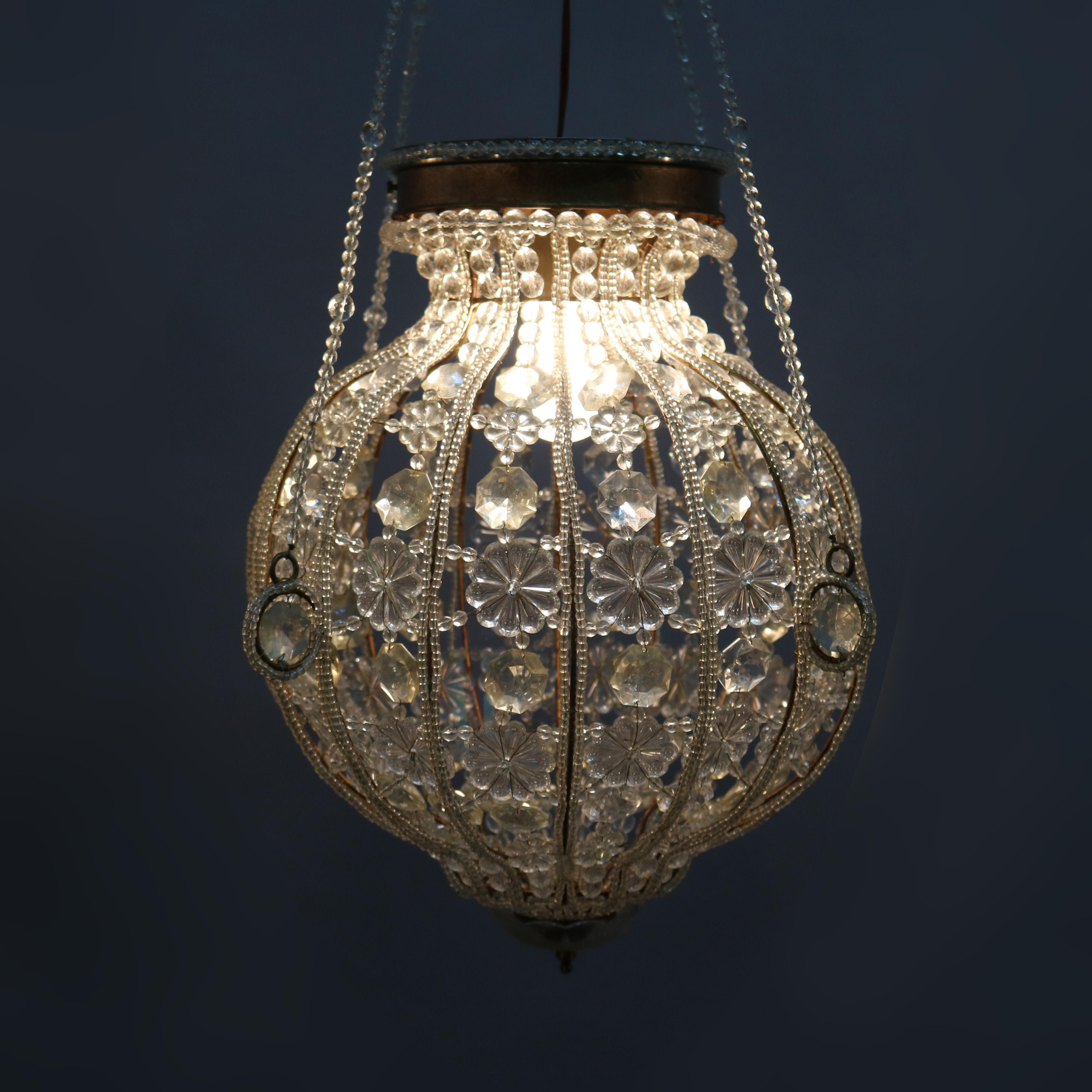 Wire Vintage Pair of Spherical Brass and Cut Crystal Chandeliers, 20th Century