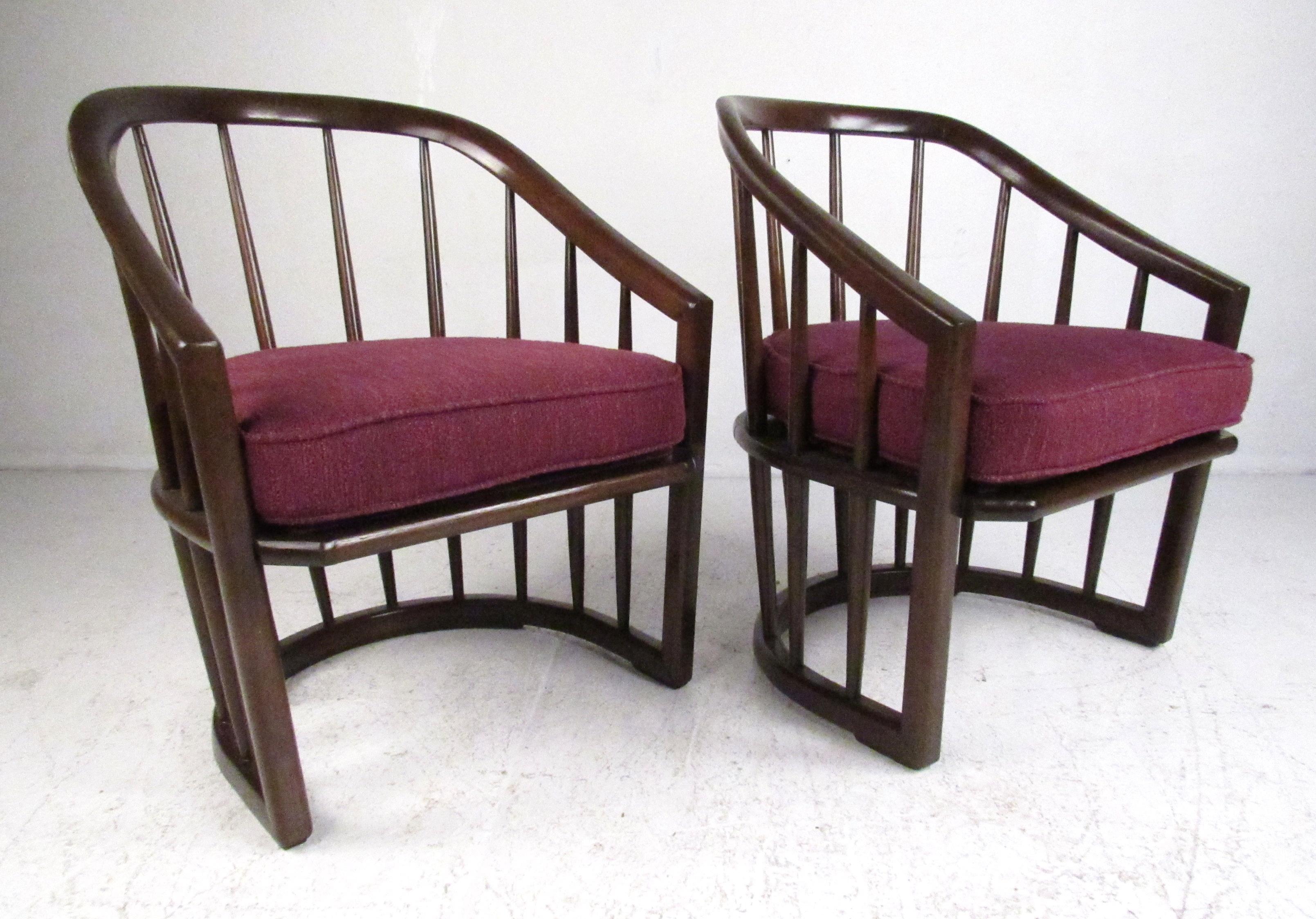 Recently restored pair of vintage walnut framed barrel back chairs with grape colored upholstery. Please confirm item location (NY or NJ) with dealer.