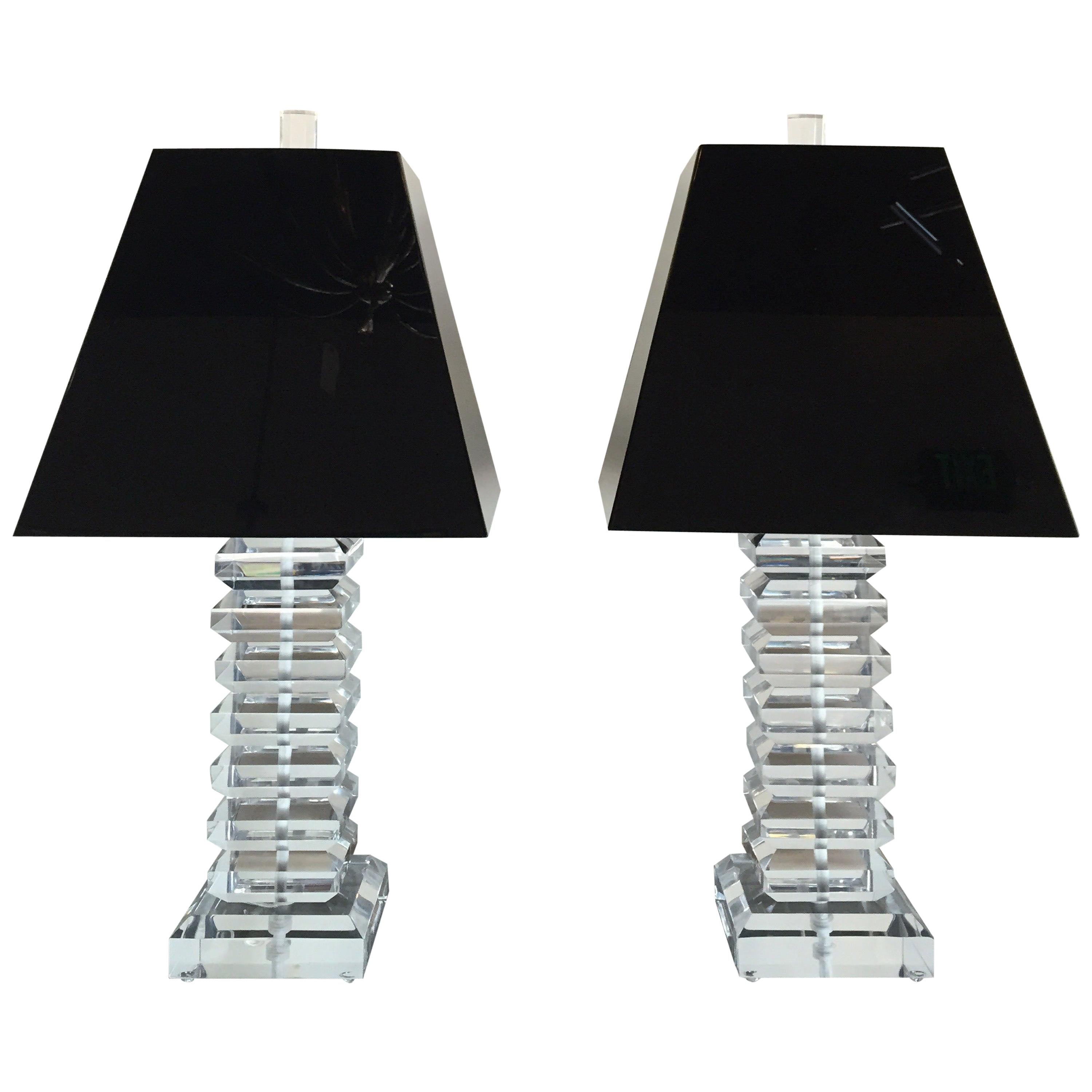 Vintage Pair of Stacked Lucite Table Lamps
