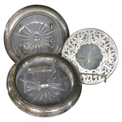 Vintage Pair of Sterling Silver and Glass Coasters with Trivet, circa 1940