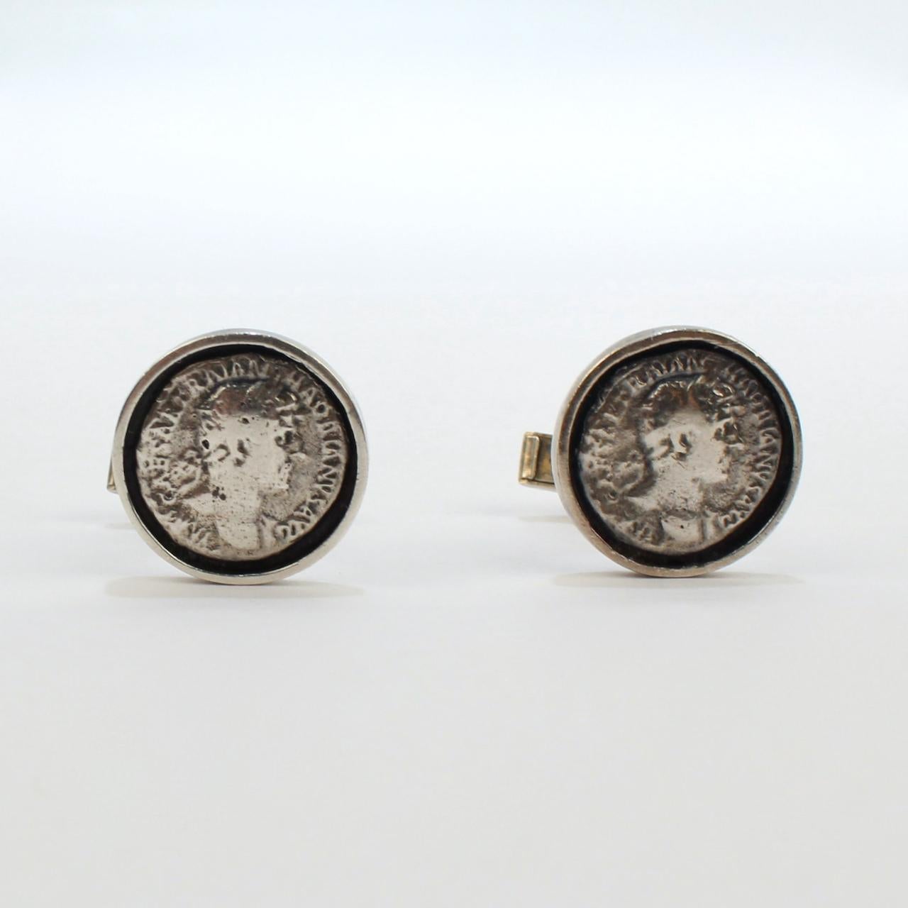 Vintage Pair of Sterling Silver Cufflinks with Ancient Roman Coins 6