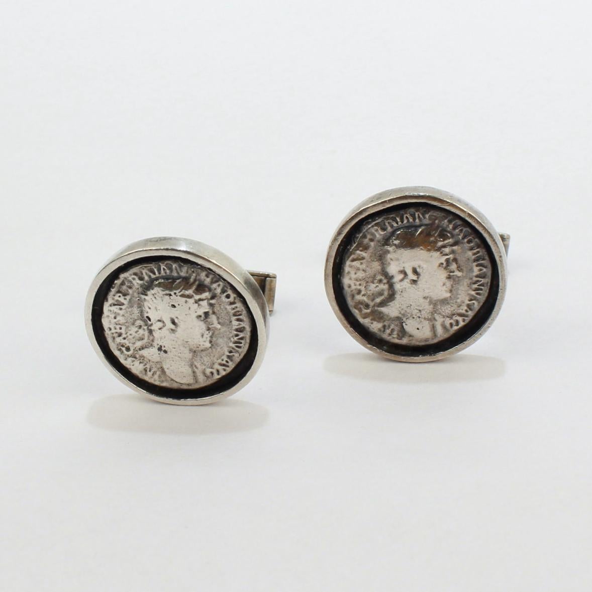 Vintage Pair of Sterling Silver Cufflinks with Ancient Roman Coins 8