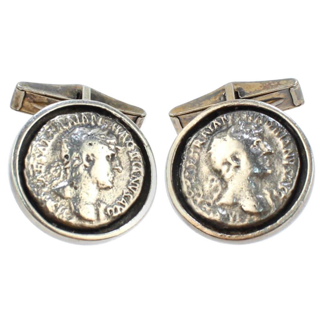Vintage Pair of Sterling Silver Cufflinks with Ancient Roman Coins