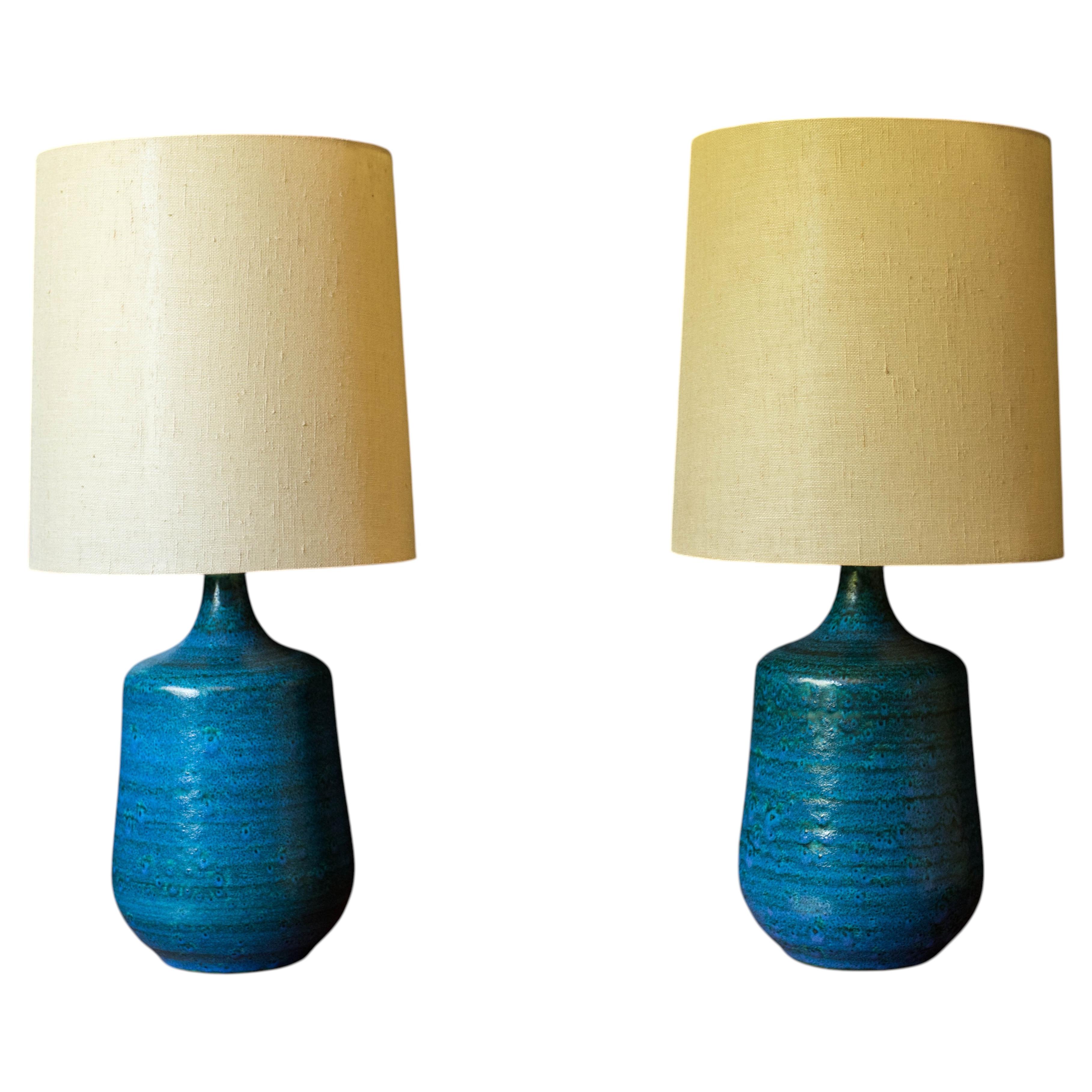 Vintage Pair of Stoneware Blue Studio Ceramic Table Lamps by Sy Allan Designs