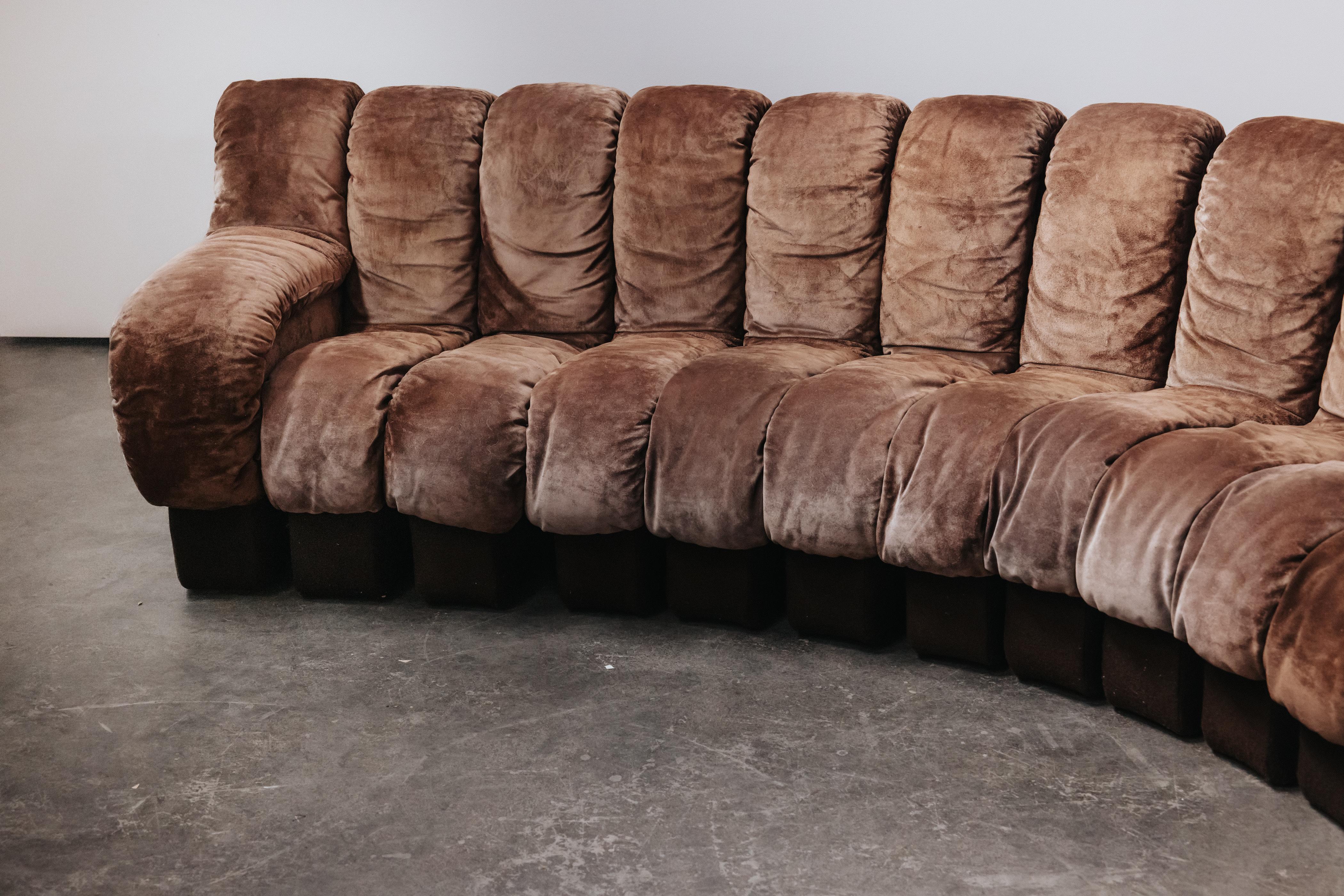 European Vintage Pair Of Suede De Sede DS-600 Nonstop Modular Sofas, Circa 1970 For Sale