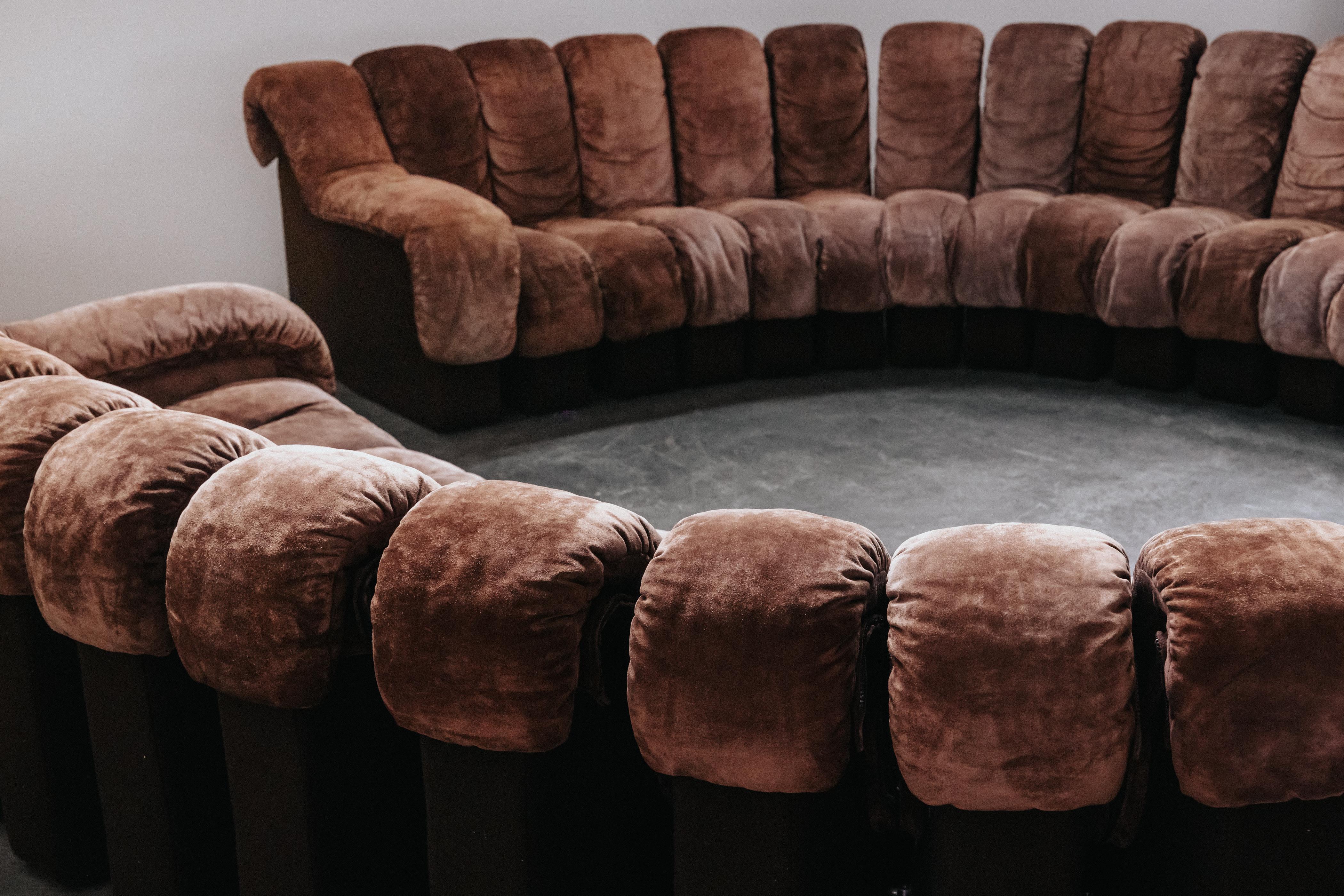Late 20th Century Vintage Pair Of Suede De Sede DS-600 Nonstop Modular Sofas, Circa 1970 For Sale