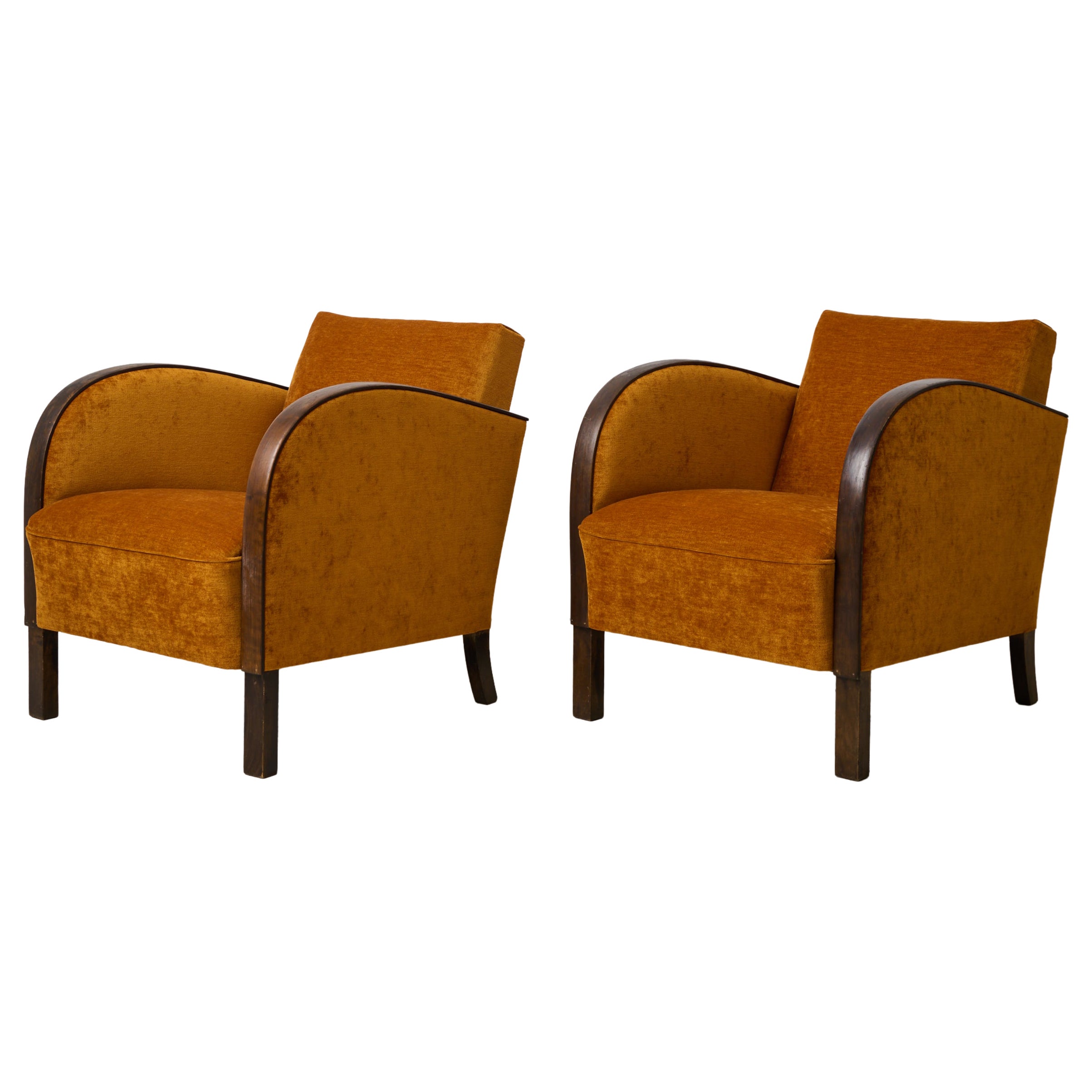 Vintage Pair of Swedish Art Deco Armchairs, Renovated with Velour Upholstery
