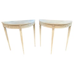 Vintage Pair of Swedish Carved and Painted Neo-Classical Demi-Lune Consoles