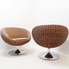 Vintage Pair of Swiveling Wicker Chairs