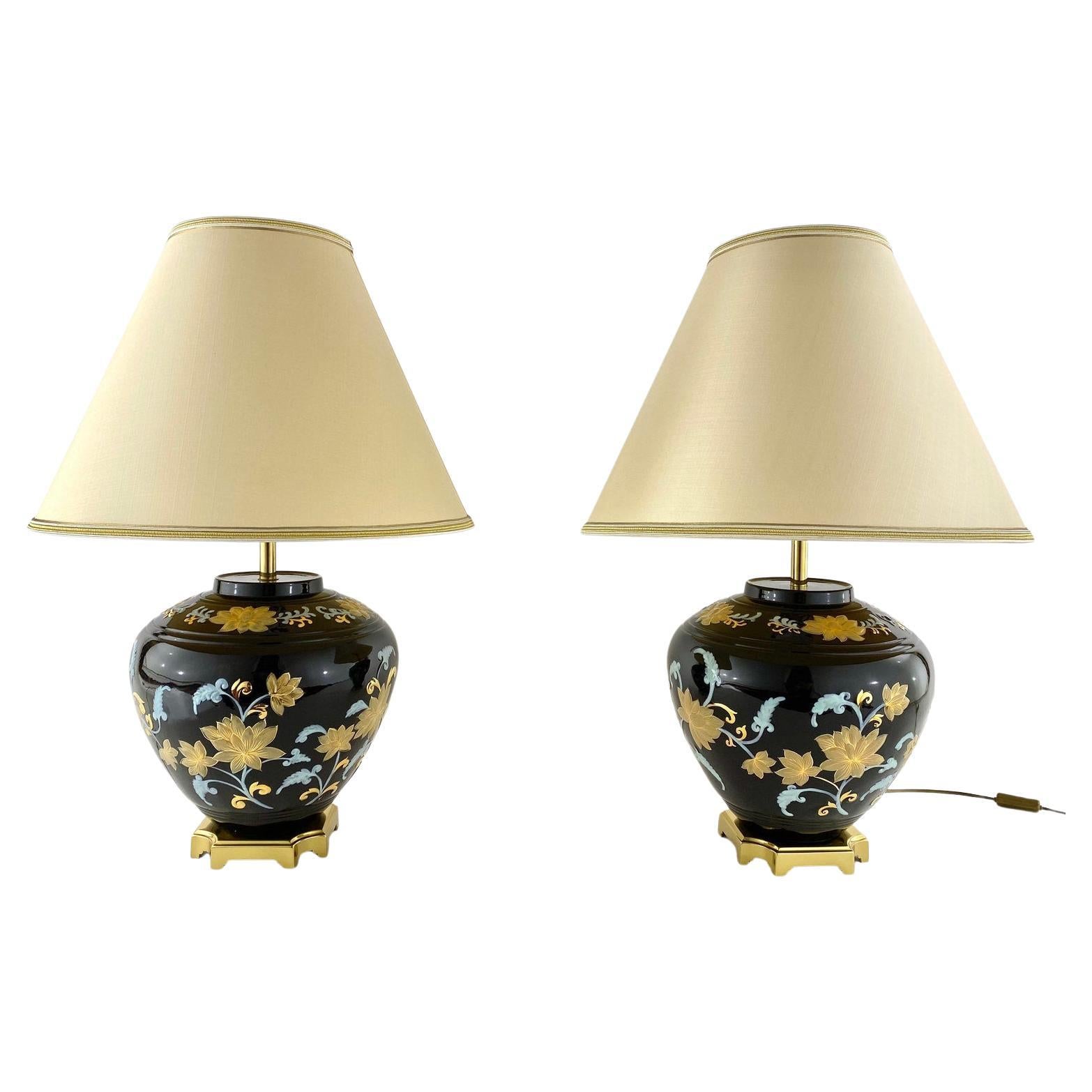 Paar Vintage-Tischlampen, 1980er-Jahre  Paar Lampen aus Bronze und Porzellan, Frankreich