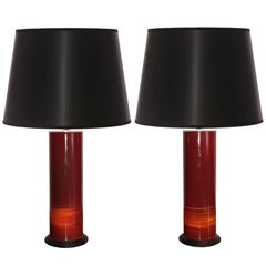 Vintage Pair of Table Lamps, Red Enamel, Italy, 1970s