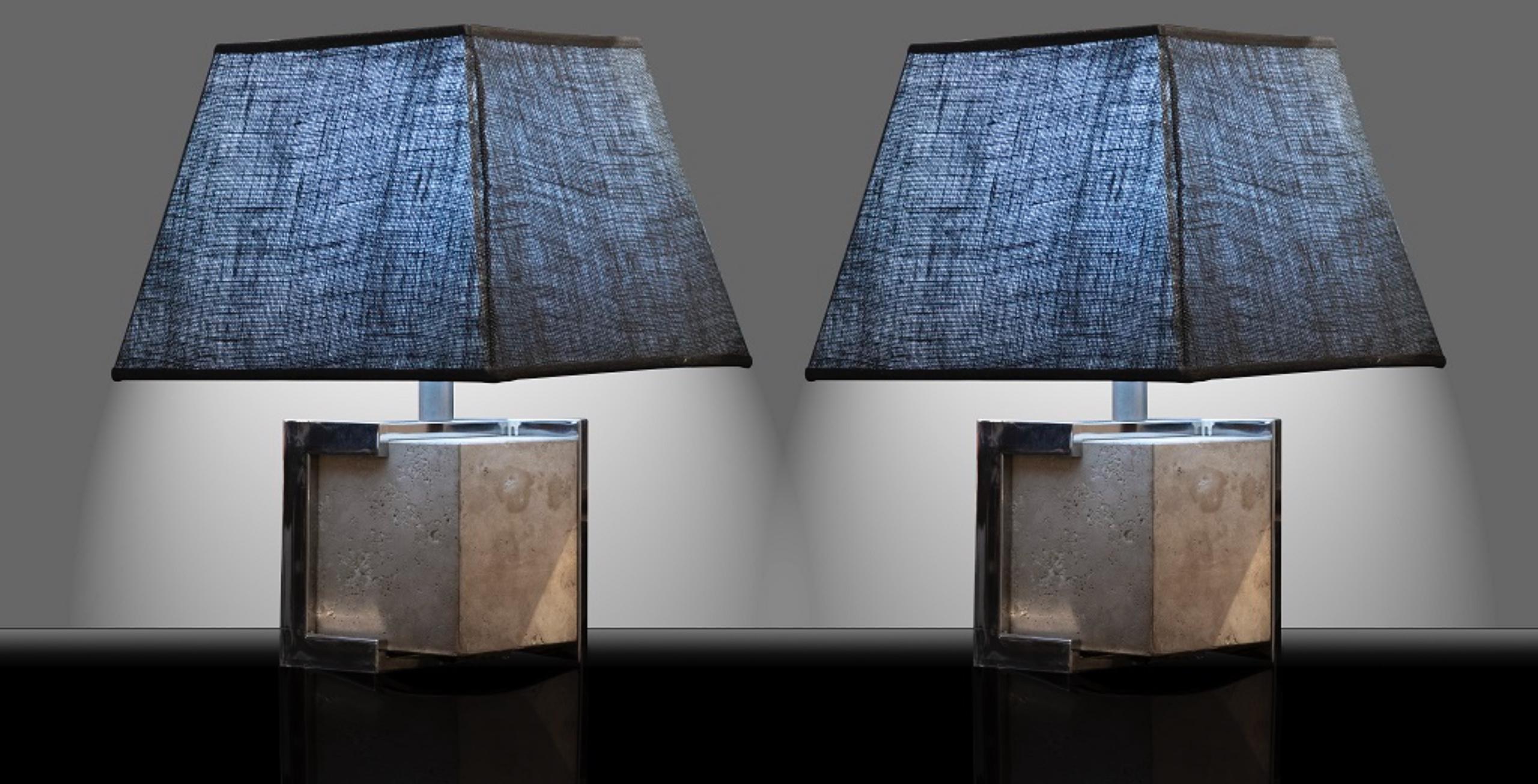 Vintage pair of table lamps is an original design work realized in the 1970s by Willy Rizzo (Naples, 1928 - Paris, 2013).

Made in Italy.

Steel and marble.

Total dimensions: 55 x 20 x 20 cm.

Very good conditions. 

Willy Rizzo (Naples,
