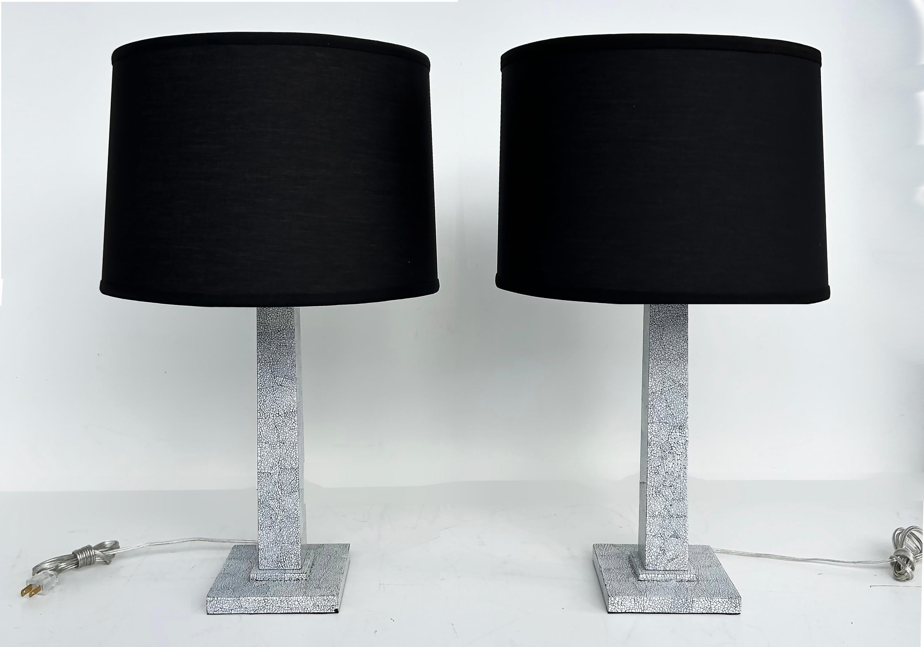 Modern Vintage Pair of Table Lamps with Craquelure Formica, Rewired, New Shades For Sale