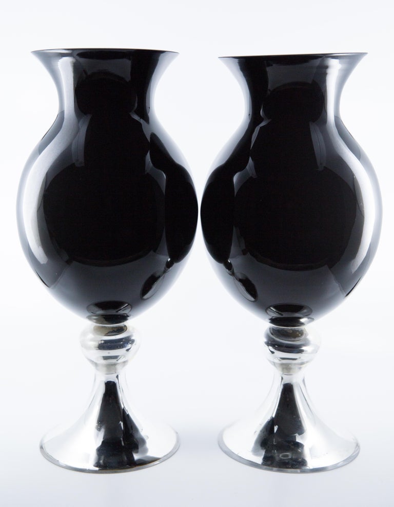 Vintage Pair of Tall Black and Silver Mirrored Glass Vases at 1stDibs