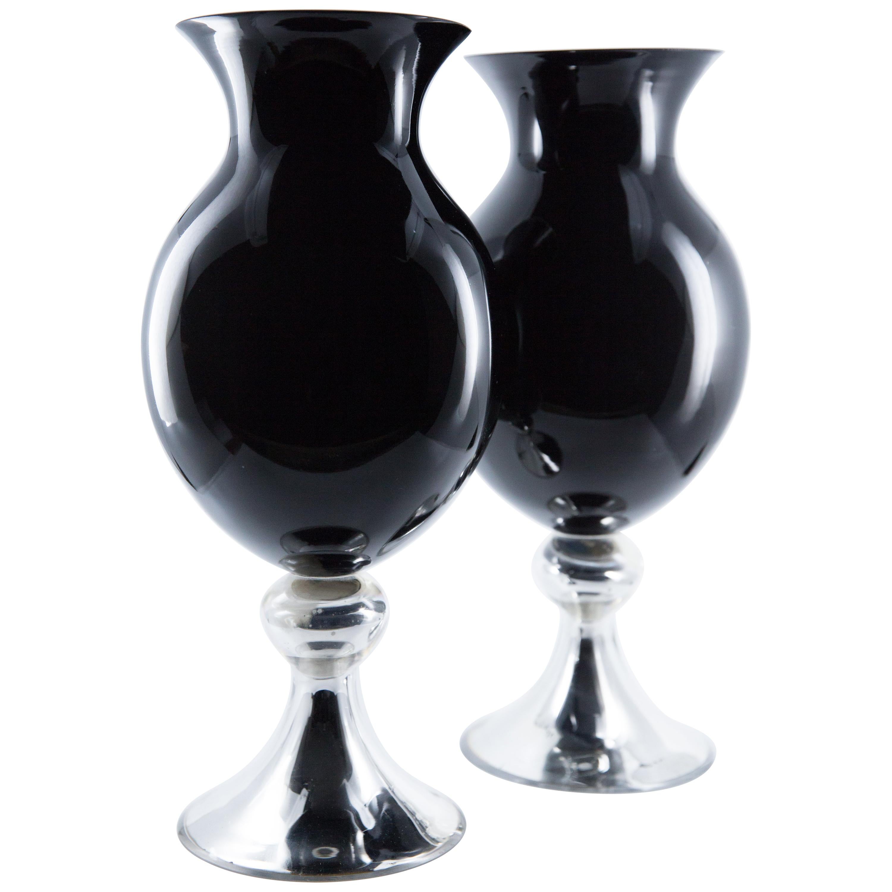 Vintage Pair of Tall Black and Silver Mirrored Glass Vases