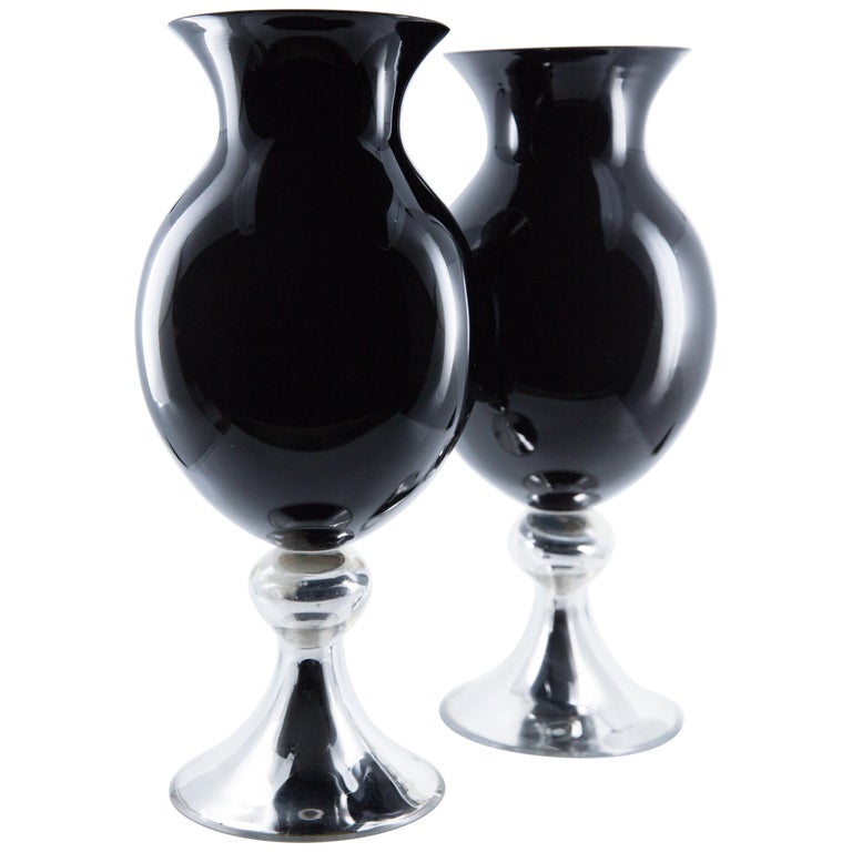 Vintage Pair Of Tall Black And Silver Mirrored Glass Vases For