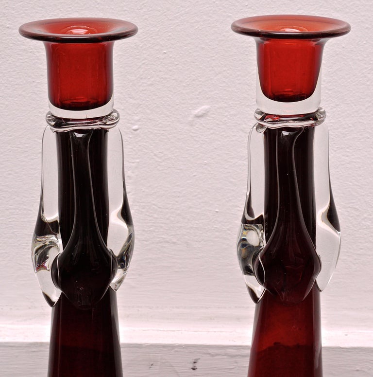 Vintage Pair of Tall Red and Clear Art Glass Candlesticks For Sale at