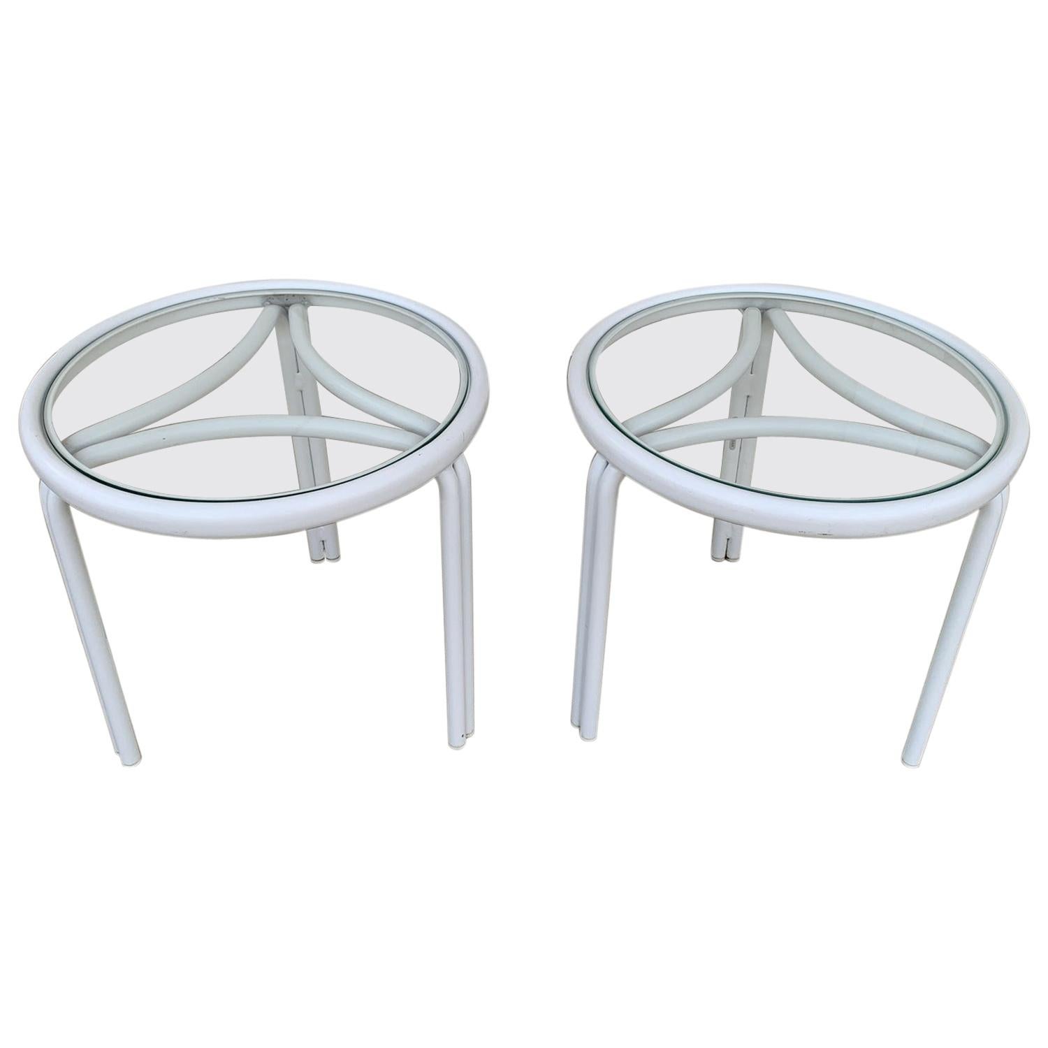 Vintage Pair of Tamiami Side Tables in White Metal and Glass Tops
