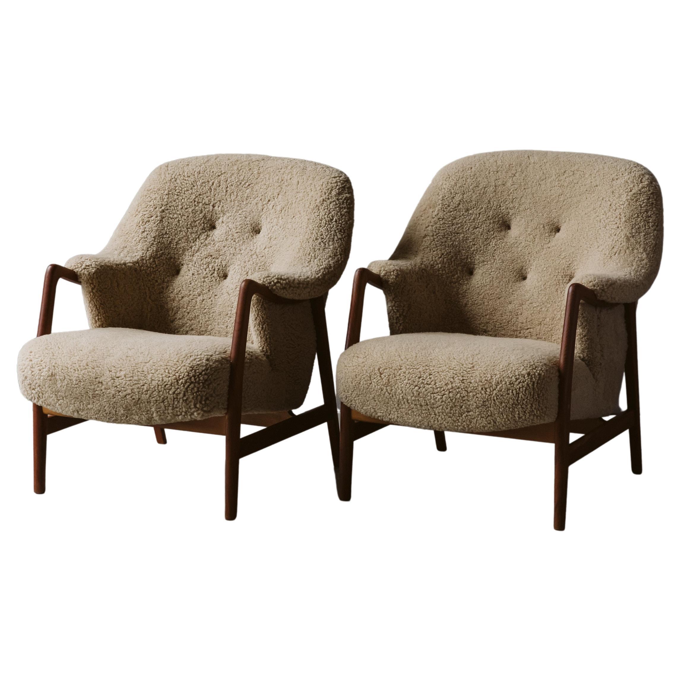 Vintage Pair of Shearling and Oak Lounge Chairs from Denmark, Circa