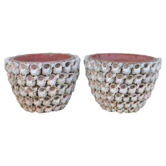 Vintage Pair of Terra Cotta Planters Seashell Covered