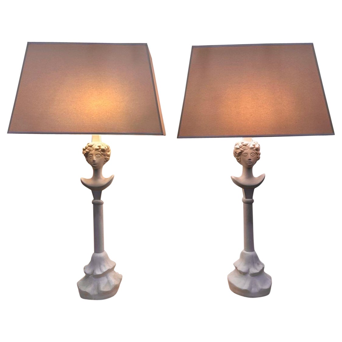 Vintage Pair of Tete du Femme Plaster Table Lamps After Alberto Giacometti