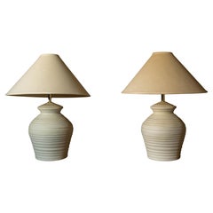 Vintage Pair of Textured Ivory Pottery Table Lamps