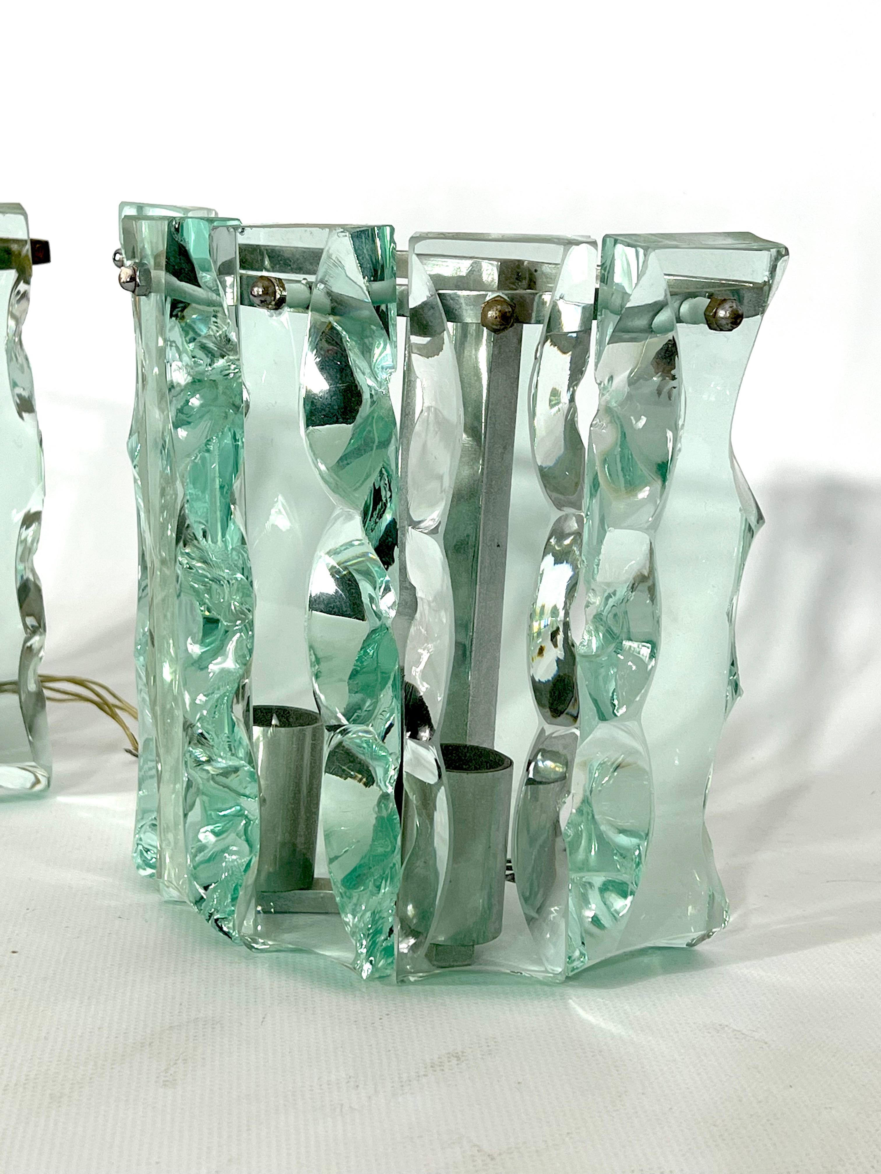 Vintage Pair of Thick Cut Glass Sconces by Zero Quattro, Italy 1970s For Sale 5