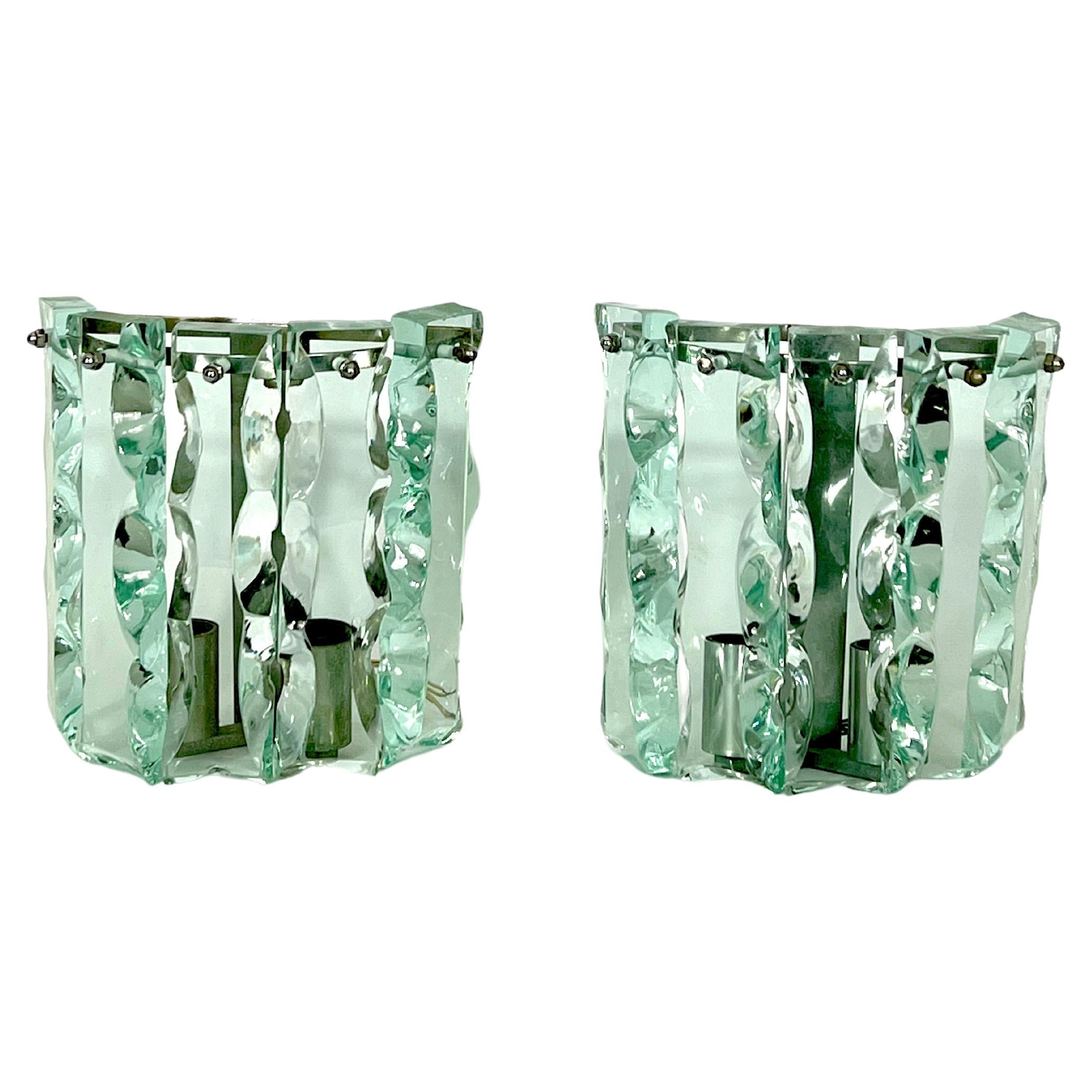 Vintage Pair of Thick Cut Glass Sconces by Zero Quattro, Italy 1970s