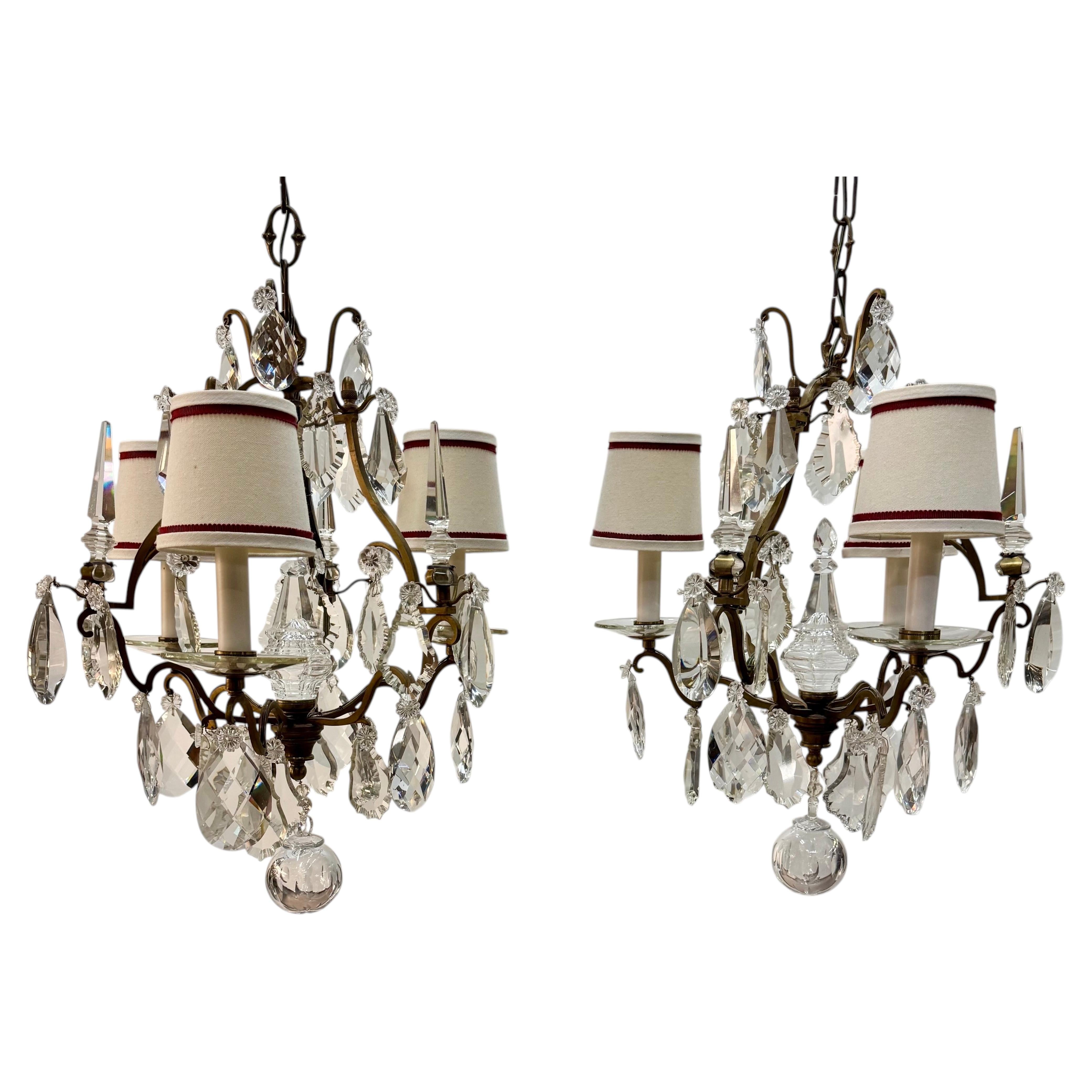 Vintage Pair of Three Light Bronze Framed  Chandeliers For Sale
