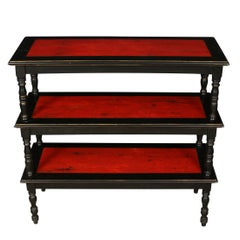 Vintage Pair of Three Tier Etageres Painted Black with Red Shelves